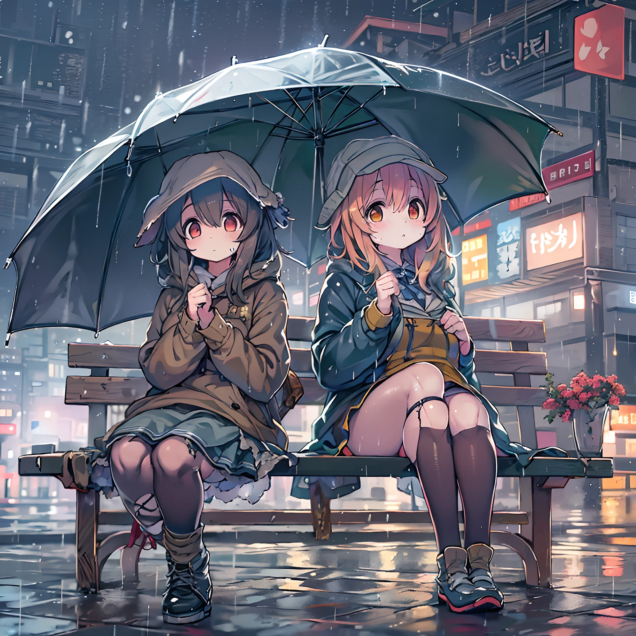 Two girls,under the rain、Anime character sitting on a bench under an umbrella, Sateen!, Sateen!!, Kantai Collection Style, Sateen!!!, after rain and no girl, kawacy, anime style 4 k, In the rain, It's raining outside, anime moe art style, under rain, Cute art style, rainy day, Trending on ArtStation pixiv, official artwork