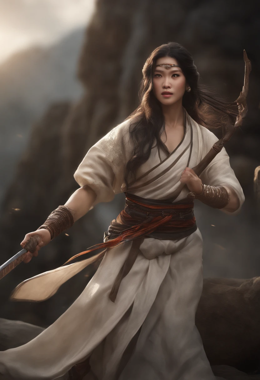 Best Quality, Masterpiece, Ultra High Resolution, (Realistic: 1.4), Weapon, Detailed Face, .1 Girl, Solo, Weapon, , (Magic Circle: 1.2), Upper Body, Sheath, (Absurd, High Resolution, Ultra Detailed), Asian, 1 male, eighteen-year-old girl, pretty, tough man, big tits, long hair, dark brown eyes, fine eyes and detailed face, extremely detailed CG Unity 8k wallpaper, intricate details, (Style Swirl Magic: 0.7), Looking at the Audience, Solo, (Full Body: 0.8), Detailed Background, Detailed Face, Hair Fluttering in the Wind, Martial Artist, Dynamic Pose, Fighting Pose, Clenched Fist, Fingerless Gauntlet, Wristband, Dragon Themed Costume, Monk Robe, Alpine Mountain Background, Rotating Floating Particles, Dynamic Composition, , Hanfu, Stone, Stone Background, Stone Chinese Sculpture, Sand Flowing