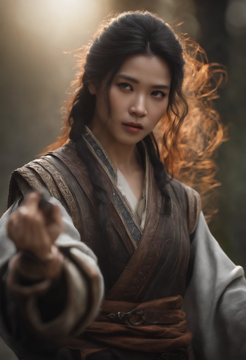 Best Quality, Masterpiece, Ultra High Resolution, (Realistic: 1.4), Weapon, Detailed Face, .1 Girl, Solo, Weapon, , (Magic Circle: 1.2), Upper Body, Sheath, (Absurd, High Resolution, Ultra Detailed), Asian, 1 male, eighteen-year-old girl, pretty, tough man, big tits, long hair, dark brown eyes, fine eyes and detailed face, extremely detailed CG Unity 8k wallpaper, intricate details, (Style Swirl Magic: 0.7), Looking at the Audience, Solo, (Full Body: 0.8), Detailed Background, Detailed Face, Hair Fluttering in the Wind, Martial Artist, Dynamic Pose, Fighting Pose, Clenched Fist, Fingerless Gauntlet, Wristband, Dragon Themed Costume, Monk Robe, Alpine Mountain Background, Rotating Floating Particles, Dynamic Composition, , Hanfu, Stone, Stone Background, Stone Chinese Sculpture, Sand Flowing