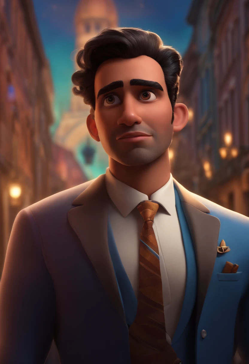 A city councilman looking at a dream project inspired by Pixar animation, de perto. The character takes center stage with captivating facial expressions, oferecendo um toque de irrealidade