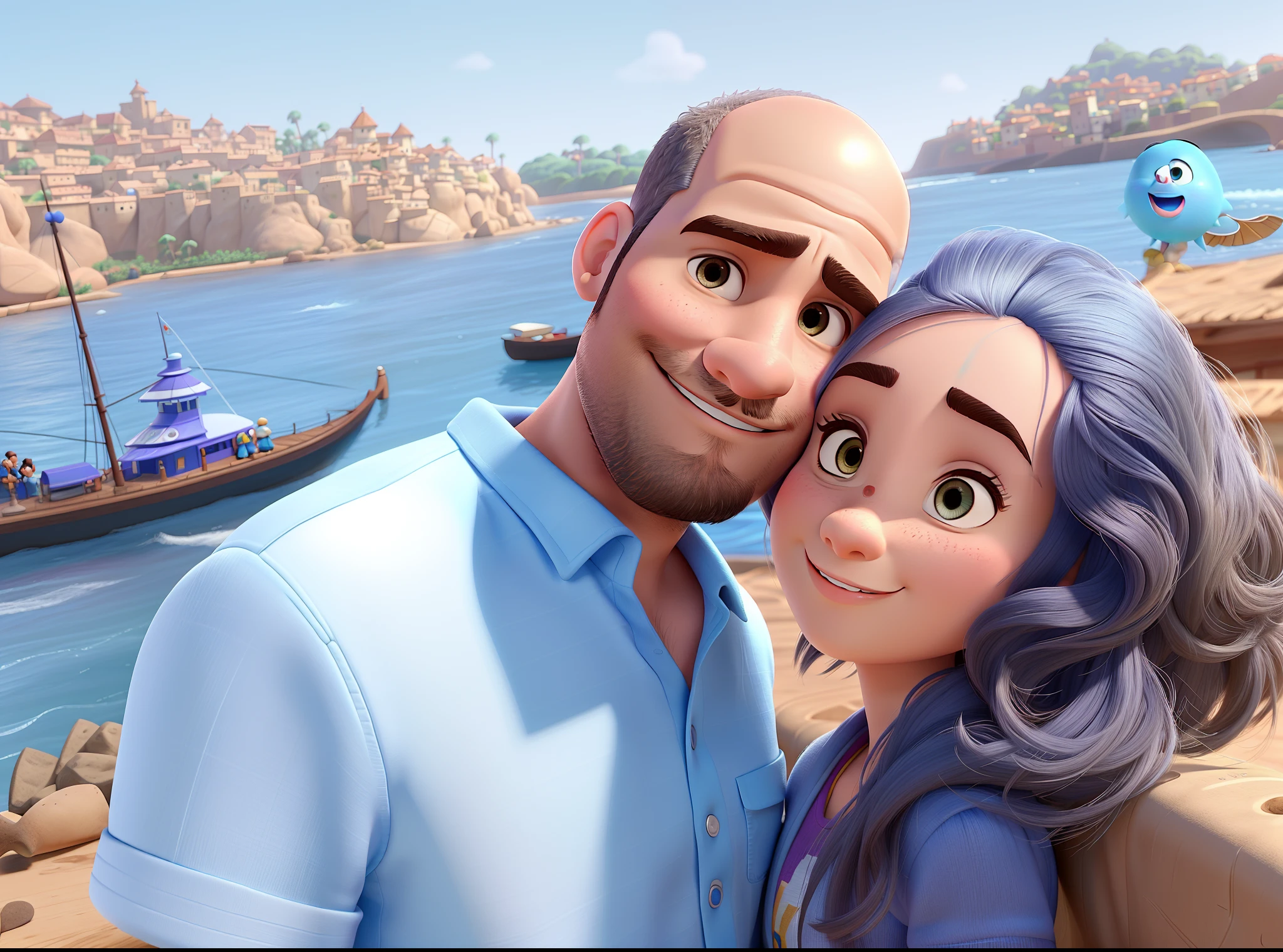 Casal estilo disney pixar melhor qualidade alta qualidade. Homem careca com olhos azuis e mulher com cabelo escuro e olhos castanhos