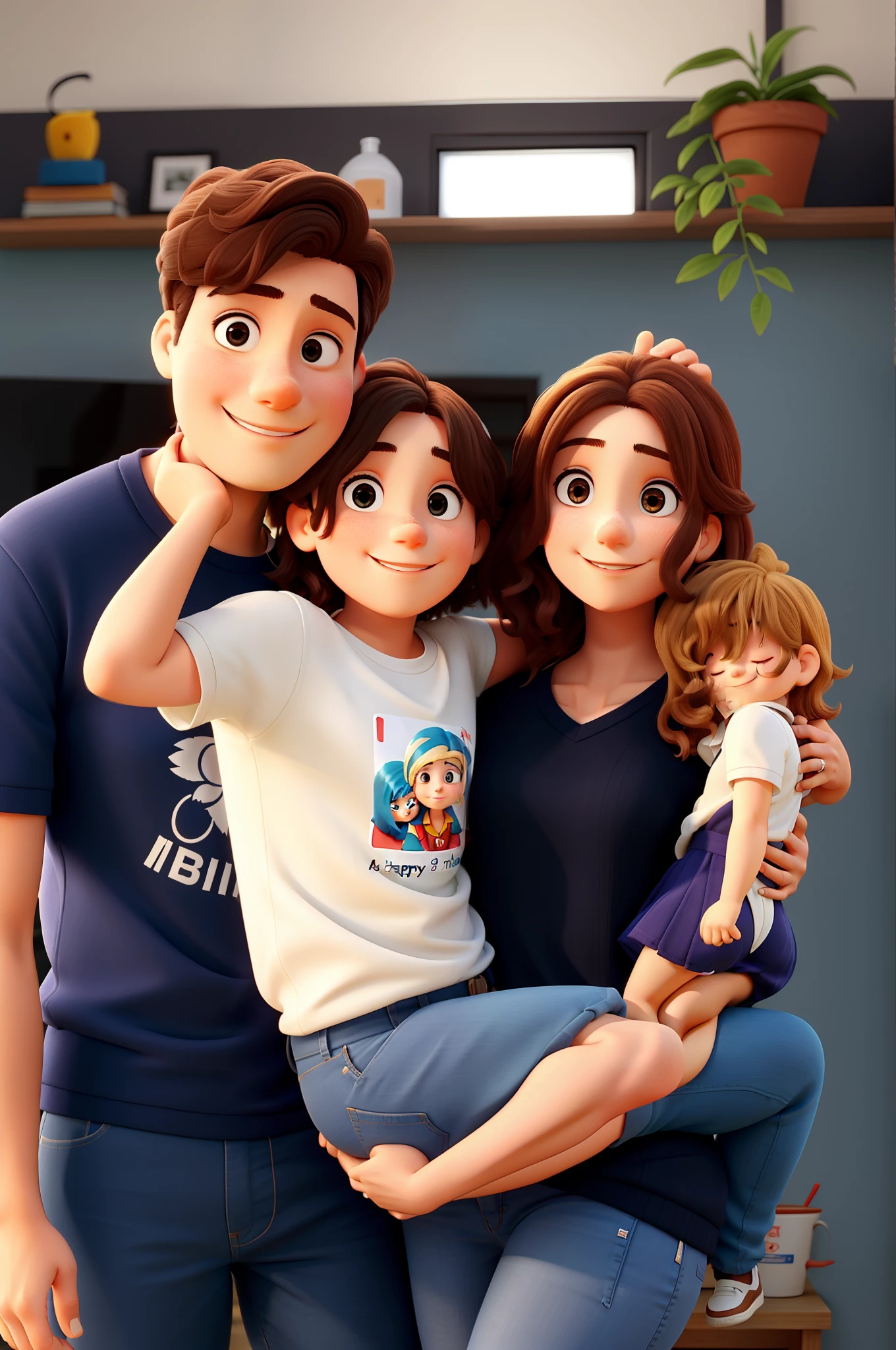 Three people, a man, a woman and a girl on the woman’s lap, as a happy family posing for a photograph, against a blurry background.