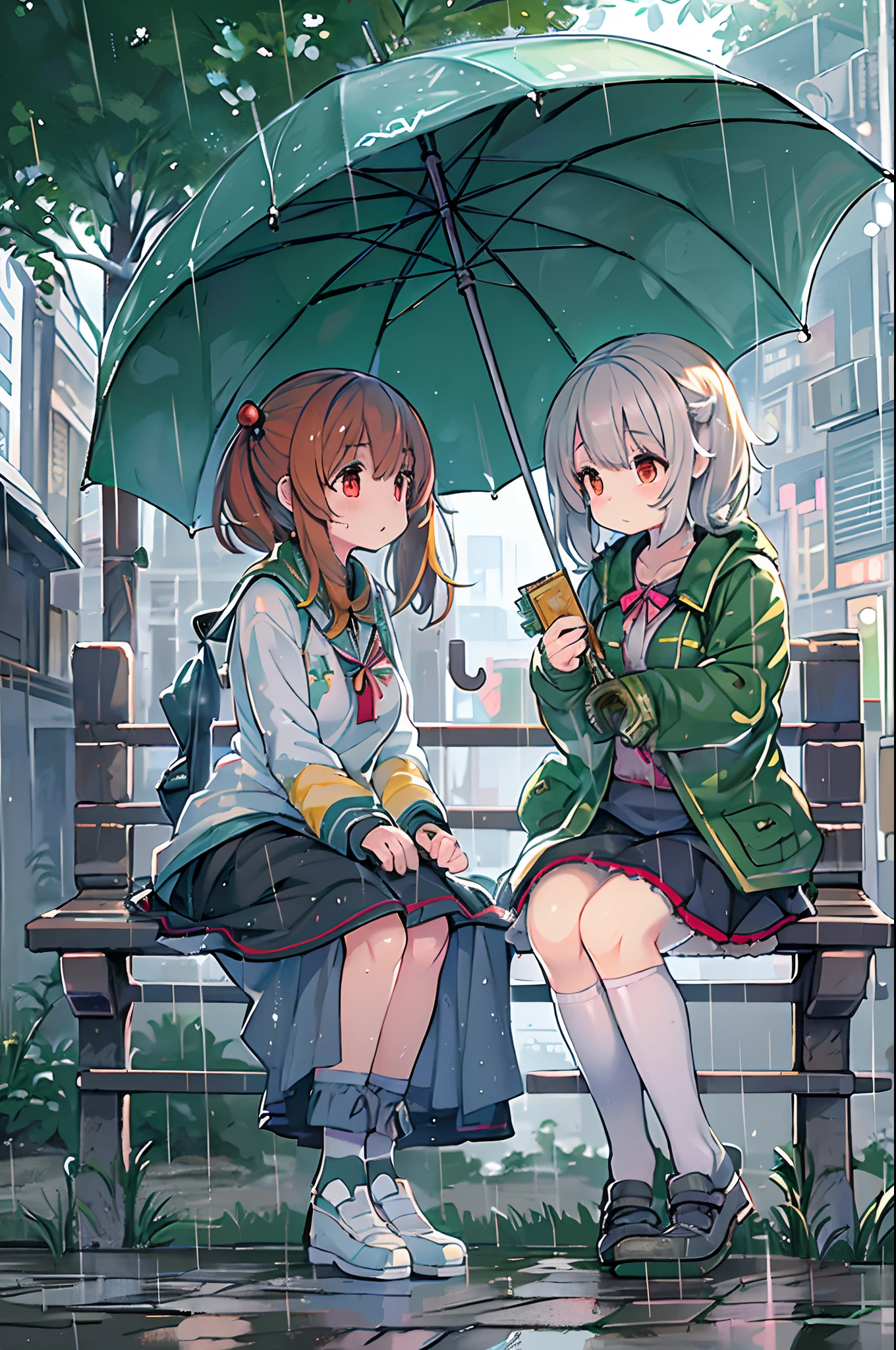 Two girls,under the rain、Anime characters sitting on a bench under an umbrella, Sateen!, Sateen!!, Kantai Collection Style, Sateen!!!, after rain and no girl, kawacy, anime style 4 k, In the rain, It's raining outside, anime moe art style, under rain, Cute art style, rainy day, Trending on ArtStation pixiv, official artwork,red blush、lesbian
