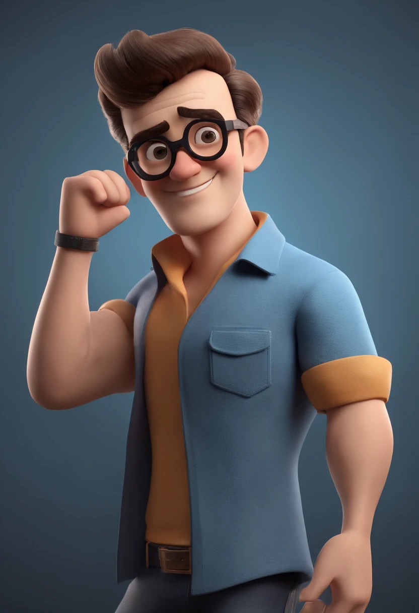 Cartoon character of a man wearing black glasses and a blue shirt, um personagem animado, Caractere estilizado, animation style rendering, 3D estilizado, Arnold Maya render, 3 d render stylized, toon render keyshot, Personagem 3D, Personagem 3D, 3d rendering stylized, 3 d character render, personagem de desenho animado, Personagem de close up, Pose de personagem, (Estilo Pixar) (master part:1.2) (Bokeh) (best quality) (pele detalhada) (textura detalhada) (8k) (argila) (Cinematic lighting) (foco nítido,Senta e vaza a parte superior do corpo