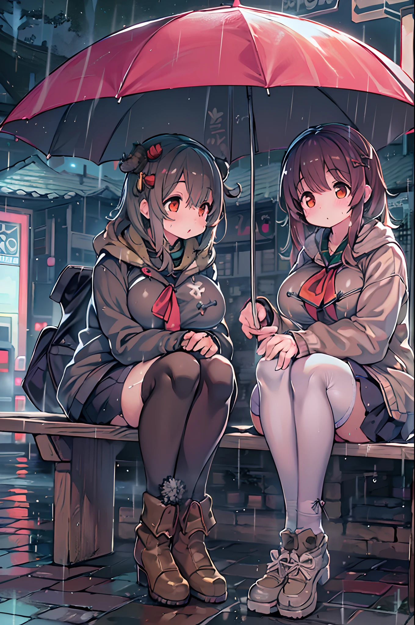 Two girls,under the rain、Anime characters sitting on a bench under an umbrella, Sateen!, Sateen!!, Kantai Collection Style, Sateen!!!, after rain and no girl, kawacy, anime style 4 k, In the rain, It's raining outside, anime moe art style, under rain, Cute art style, rainy day, Trending on ArtStation pixiv, official artwork,red blush、lesbian