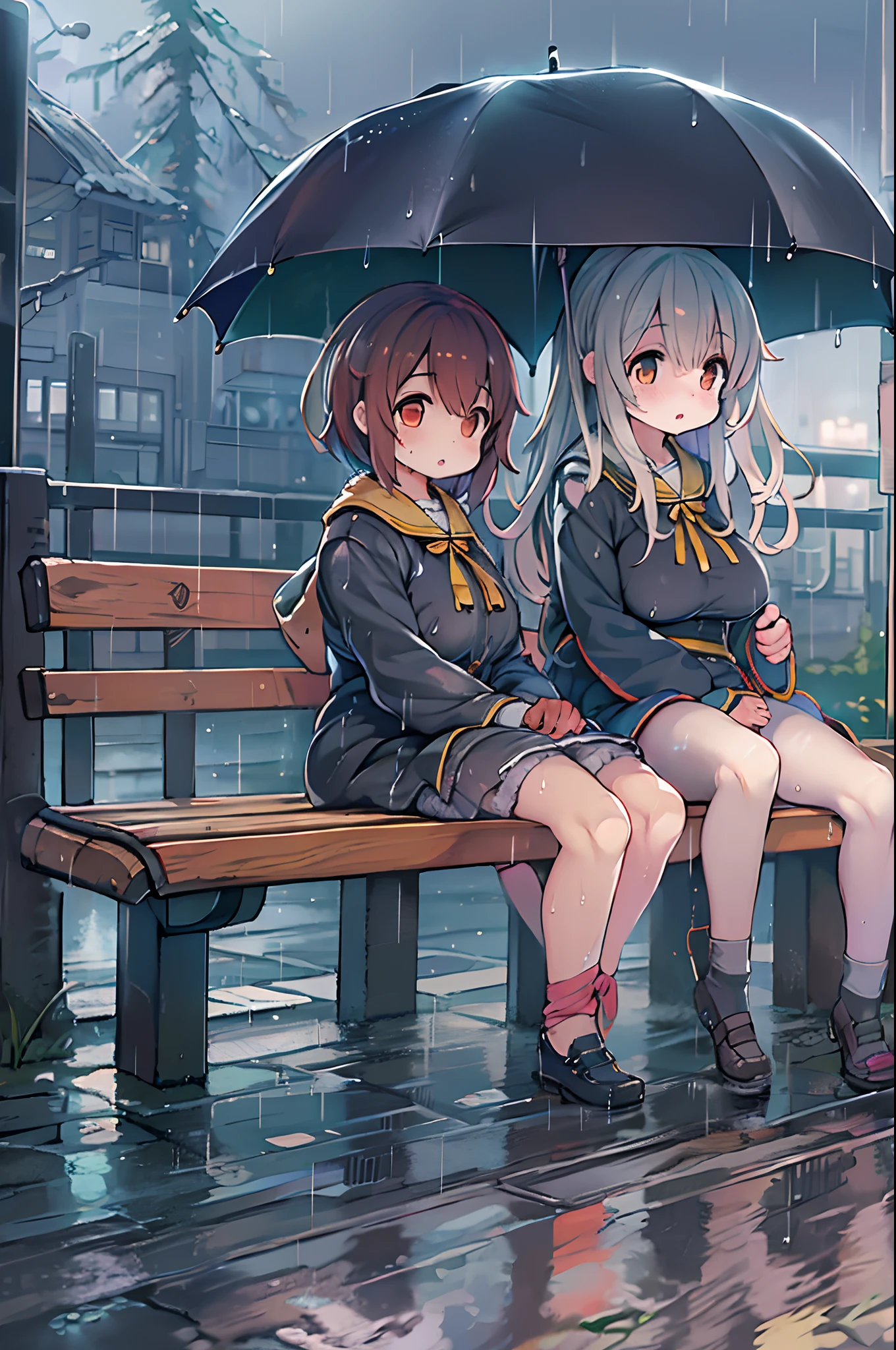 Two girls,under the rain、Anime characters sitting on a bench under an umbrella, Sateen!, Sateen!!, Kantai Collection Style, Sateen!!!, after rain and no girl, kawacy, anime style 4 k, In the rain, It's raining outside, anime moe art style, under rain, Cute art style, rainy day, Trending on ArtStation pixiv, official artwork,red blush、lesbian
