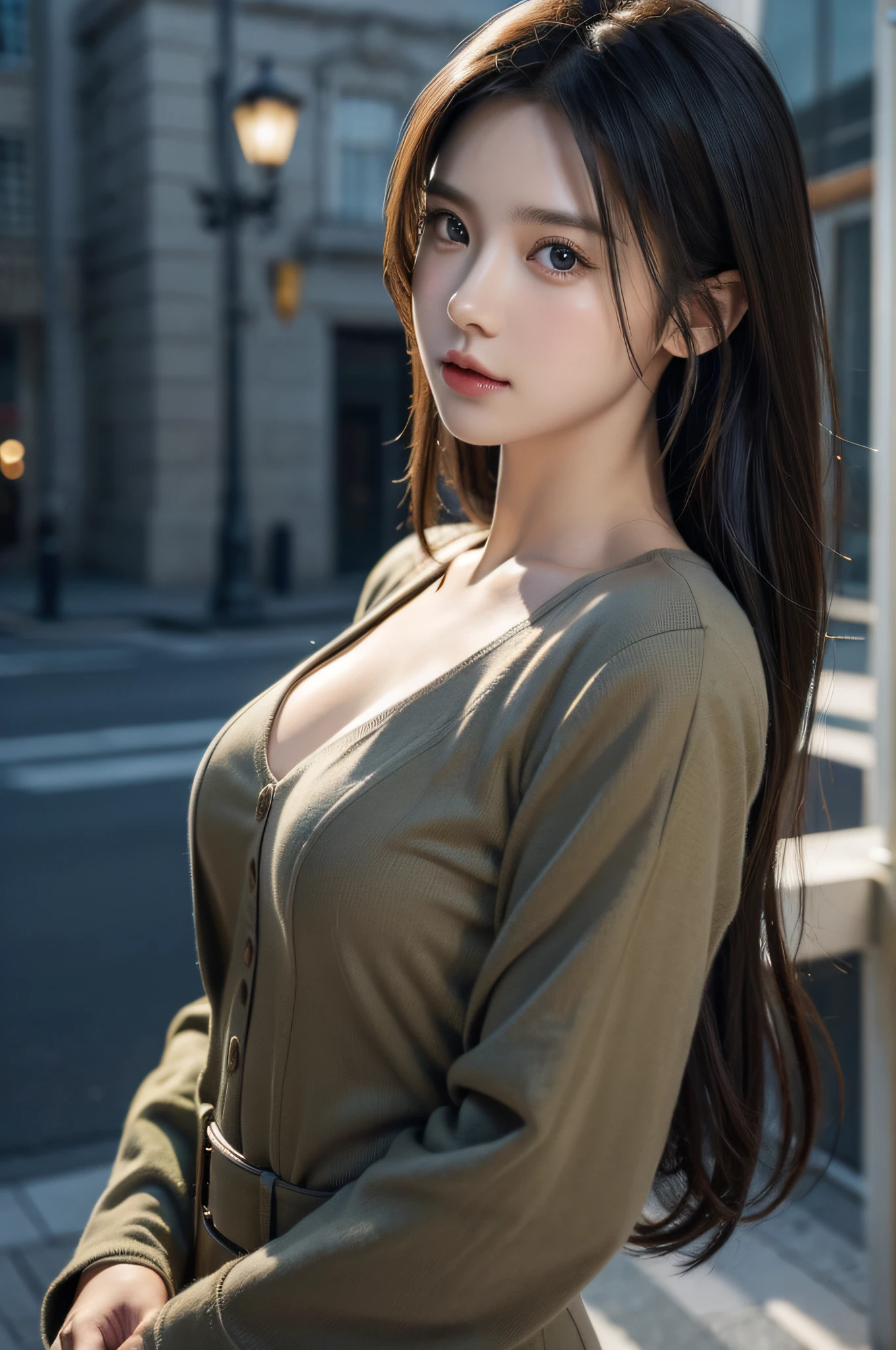 (masterpiece, best quality, super fine illustration, photo realistic, detailed background:1.3),(perfect anatomy:1.2),(extremely detailed),detailed beautiful eyes, BREAK cute girl,shiny body,dual wielding,Military Uniform, BREAK City,starry skies,