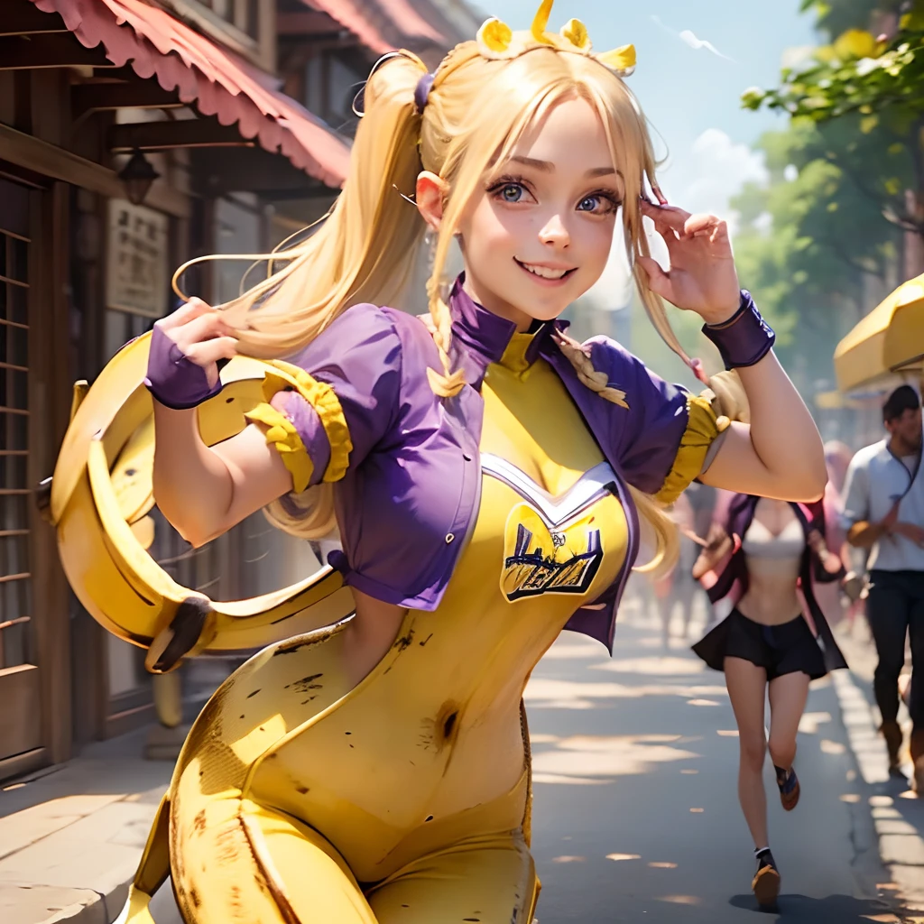 (1 Half Banana Girl:1.3) , violet eyes, blonde woman, hairlong, braided ponytail, pointed ears, mouth open. Half-smile. full-length photo. (Monkey, Trying to catch a girl:1.2)