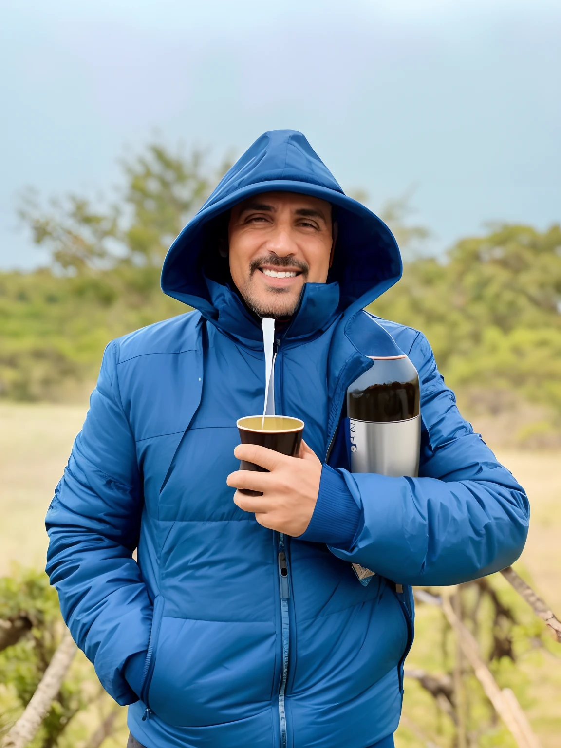 Homem de jaqueta azul segurando uma bebida e um copo, com um canudo, fotografia tirada em 2 0 2 0
