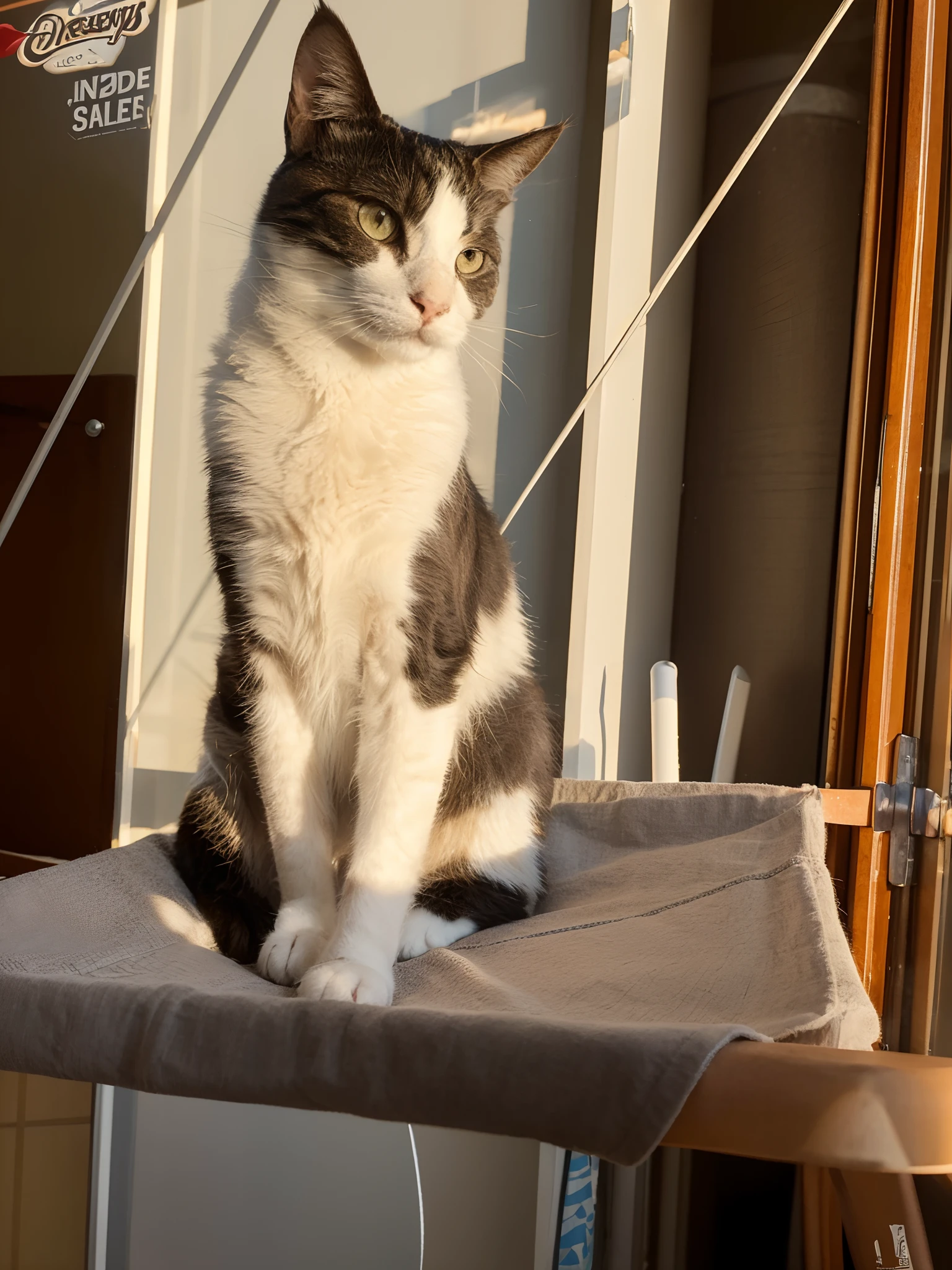 Create a Disney Pixar-inspired poster with the character being the cat in the photo looking out the window viewing the sunset.