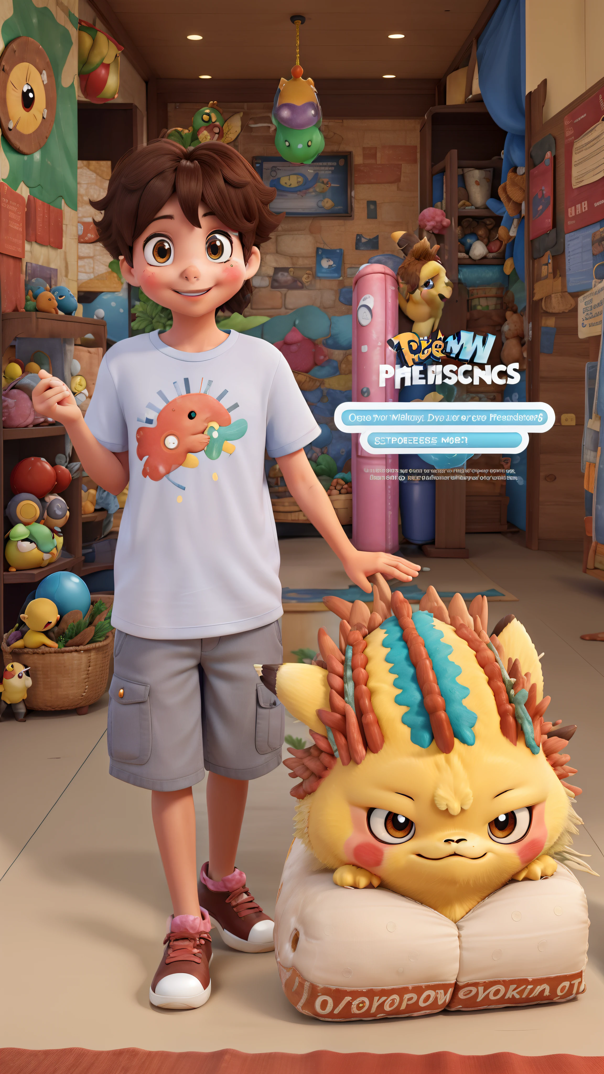 "This enchanting AI was created to simulate interaction with a five-year-old, apresentando cabelos lisos, castanhos e arrepiados, as well as brown eyes. Com uma personalidade alegre e curiosa, It embodies the typical characteristics of a child in this age group, bringing with it the fun and adorable presence of Pikachu, from the Pokémon universe. Its background is vibrant and colorful, Referring to a welcoming and playful environment, that reflects the enchanting world of childhood."