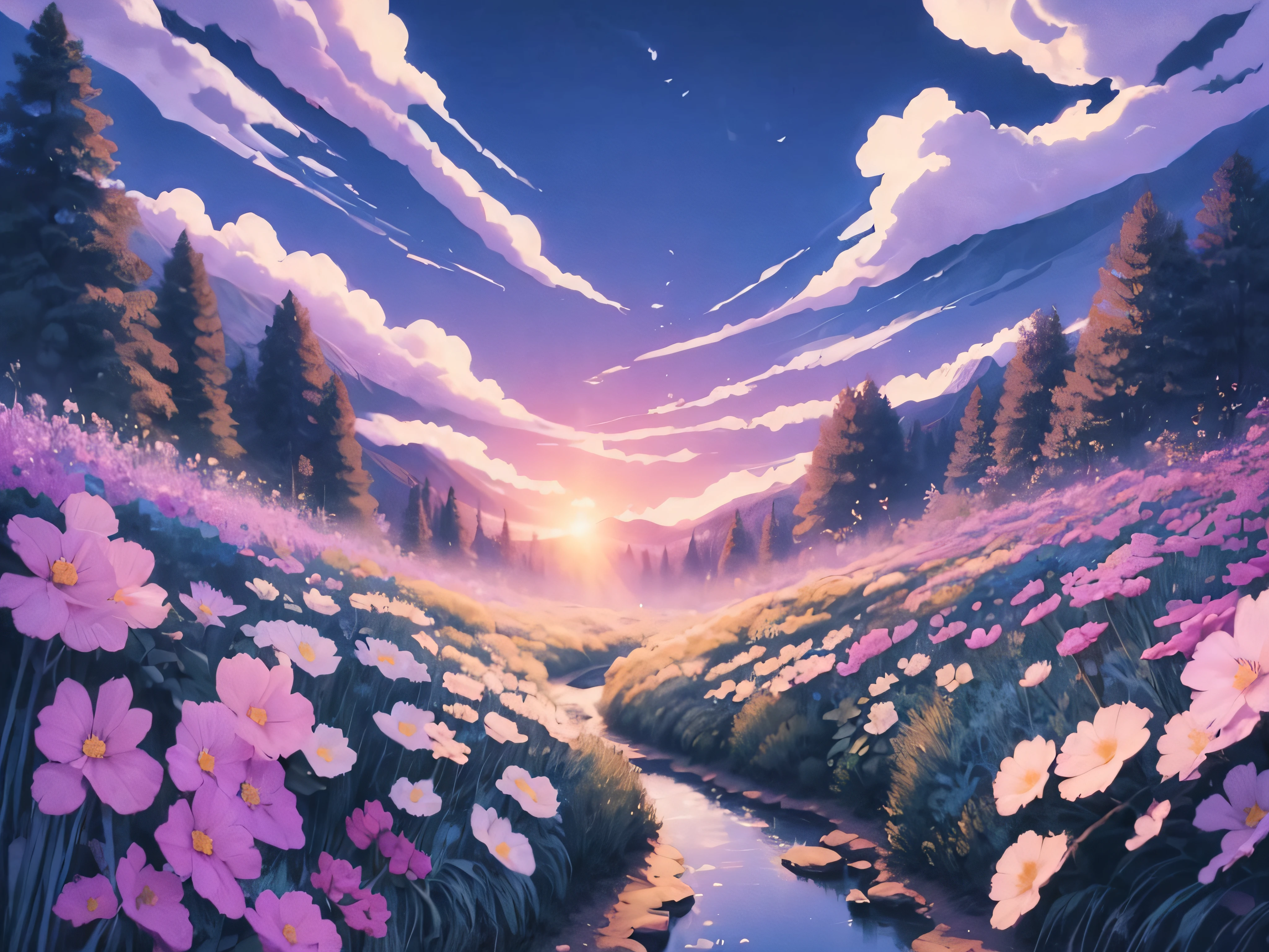 Forest valley surrounded by mountains with lilac and blue sky lights and pastel flowers