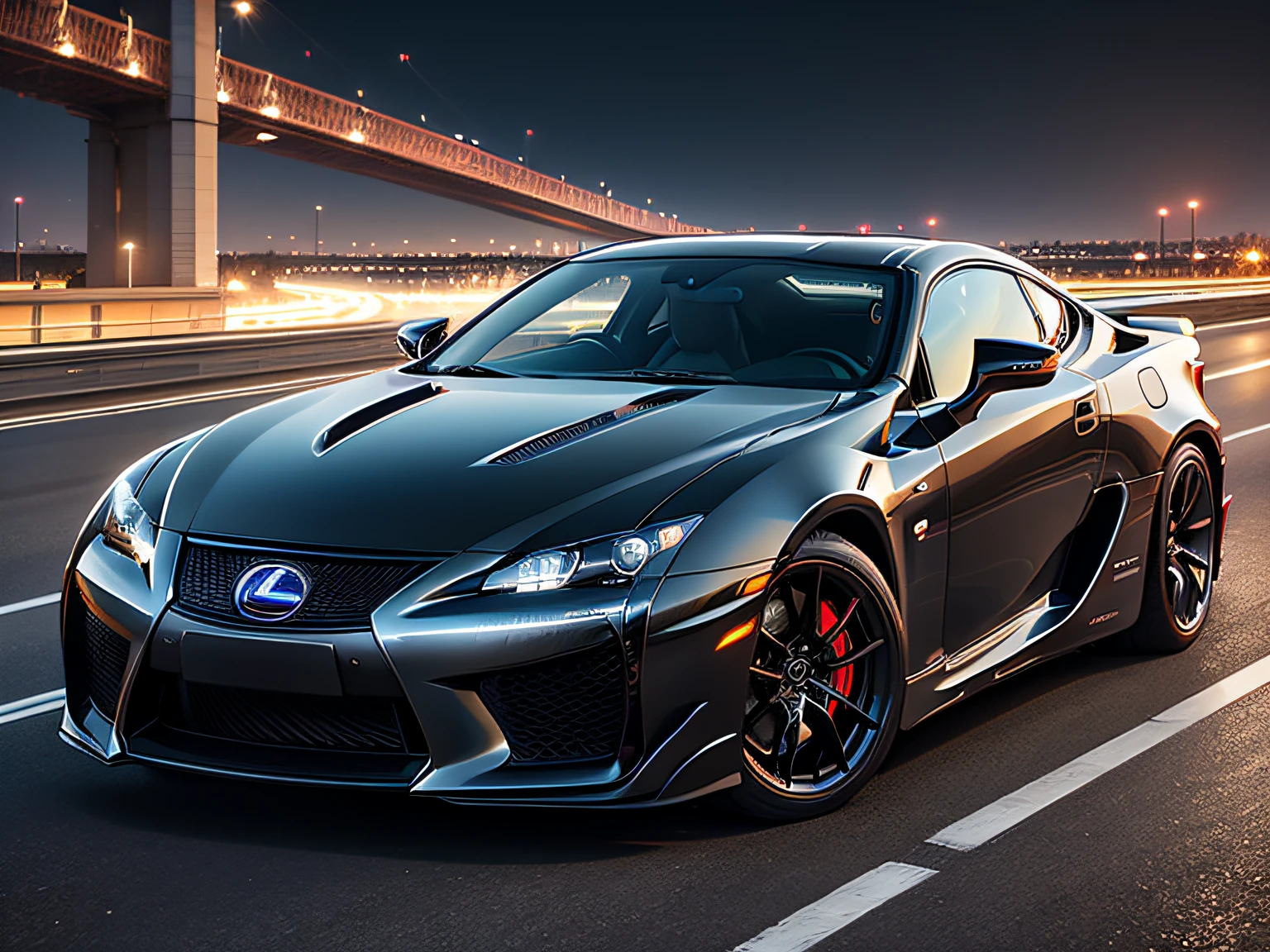 超A high resolution、An ultra-high picture quality、8K、Detailed details、marvelous expression、Big city at night、 Lexus LFA(Shine Red)Driving on the highway、Turn on the headlights、Ride beautifully through the highway at night、