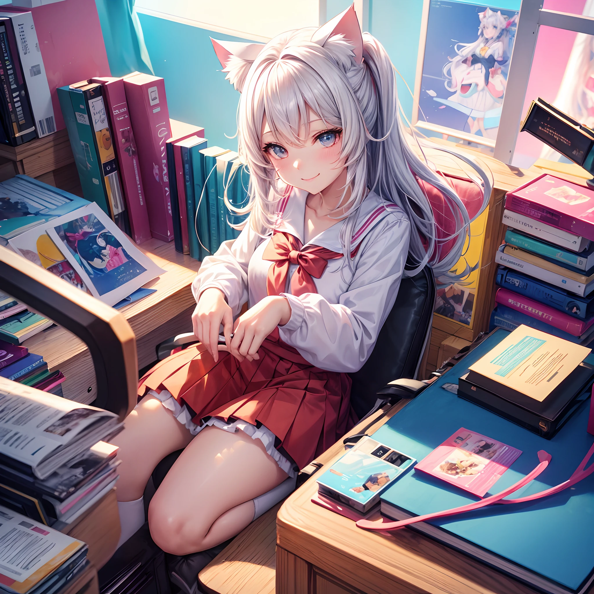 Colorful dresses with anime colorful hair ((Cat Ear 1 Girl)), School uniform pastel bright, rossdraws cartoon vivid, Anime Style 4k, Beautiful Anime Portrait, artgerm colorful!!!、! Dream Art Germ, Beautiful anime, Cat ears 1 female, digital art in anime style, anime art wallpaper 4k, anime art wallpaper 4k, digital anime art, extremely detailed art germ, School uniform, Full body, Sitting in her office, White hair, Front view, smirking