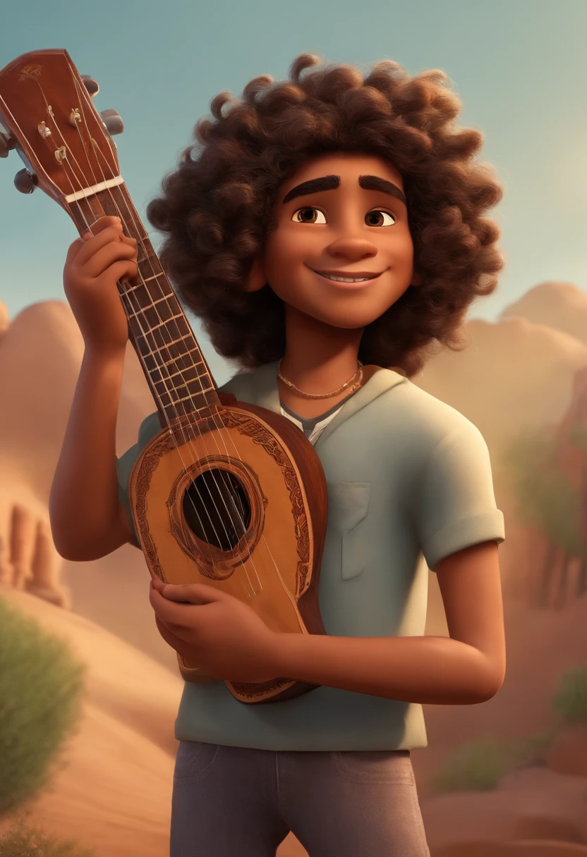 crie um banner no estilo Pixar. A boy with Indian features, moreno pardo com cabelos curtos, Castanhos escuros, Curly and slightly grayish appearance, mas jovem, usando uma camiseta, Wearing jeans and holding a classical guitar with 7 strings.