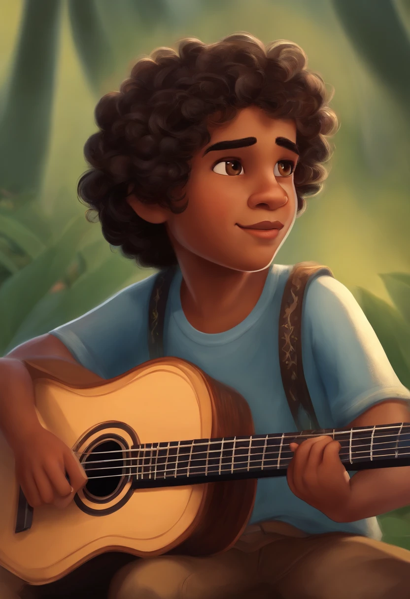 crie um banner no estilo Pixar. A boy with Indian features, moreno pardo com cabelos curtos, Castanhos escuros, Curly and slightly grayish appearance, mas jovem, usando uma camiseta, Wearing jeans and holding a classical guitar with 7 strings.