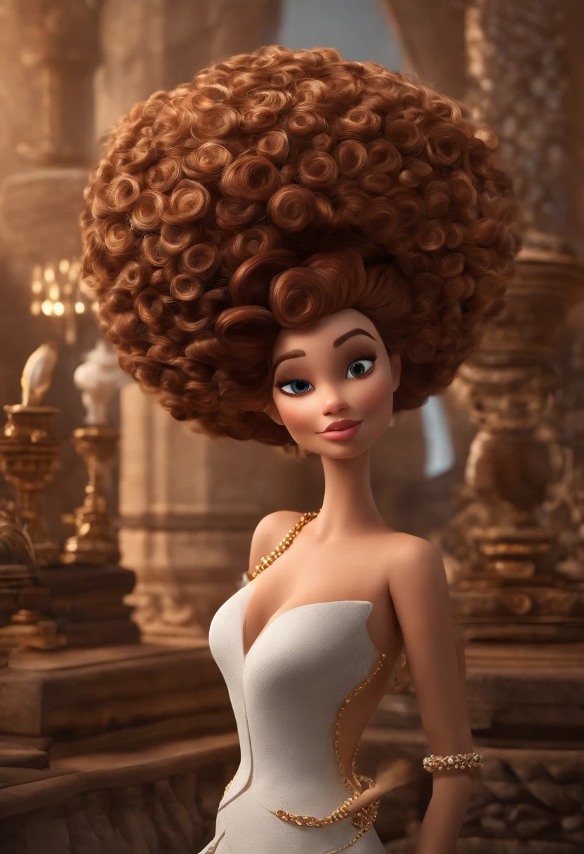 Mulher branca, magra, vestida com jaleco branco, cabelos cor chocolate curto chanel, She points to a vertebra in the spine in 3D, The entire image is inspired by Disney Pixar