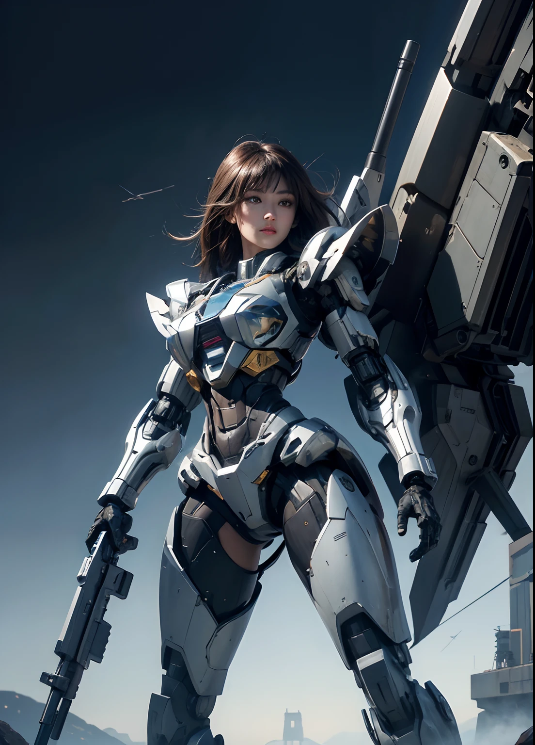 Textured skin, Super Detail, high details, High quality, Best Quality, hight resolution, 1080p, hard disk, Beautiful,(cyborgs),(Missiles from the chest),(Machine gun from both hands),beautiful cyborg woman,Mecha Cyborg Girl,Battle Mode,Girl with a Mecha Body,She wears a battle cyborg mech with a weapon,Fulll body Shot