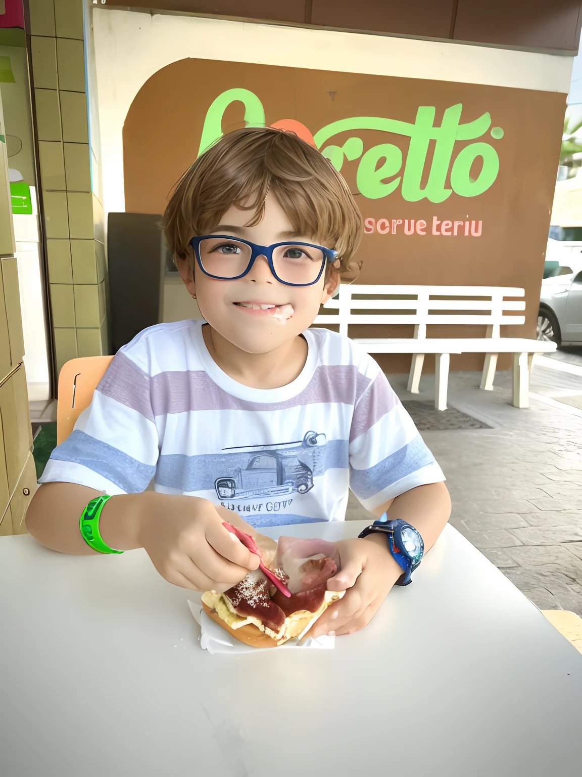 there is a young boy sitting at a table eating a sandwich, kid, icaro carvalho, caio santos, by Giorgio Cavallon, eating ice - cream, mateus 9 5, by Fernando Gerassi, by Matteo Pérez, eating ice cream, by Ceferí Olivé, lorenzo vitturi, camilo gc, stock image