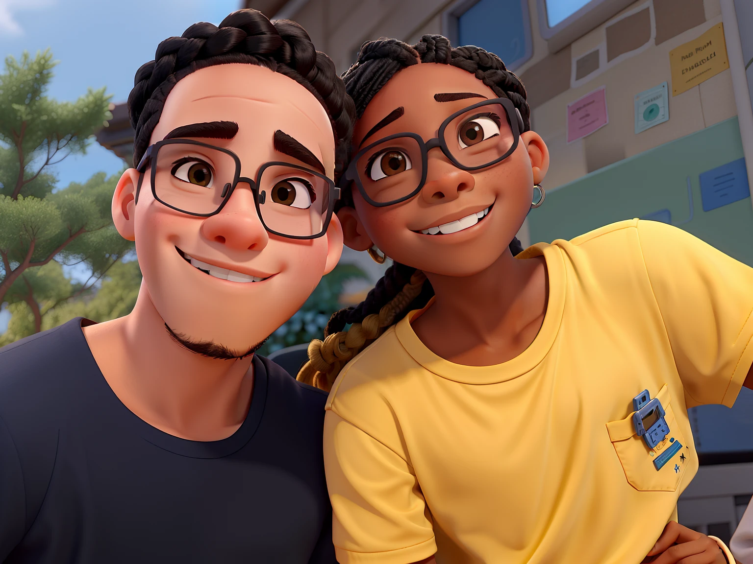 Um menino branco que tem cabelo cacheado sorrindo, And a black girl on the side who wears glasses,tem piercing na boca e no nariz,And it has brown braids