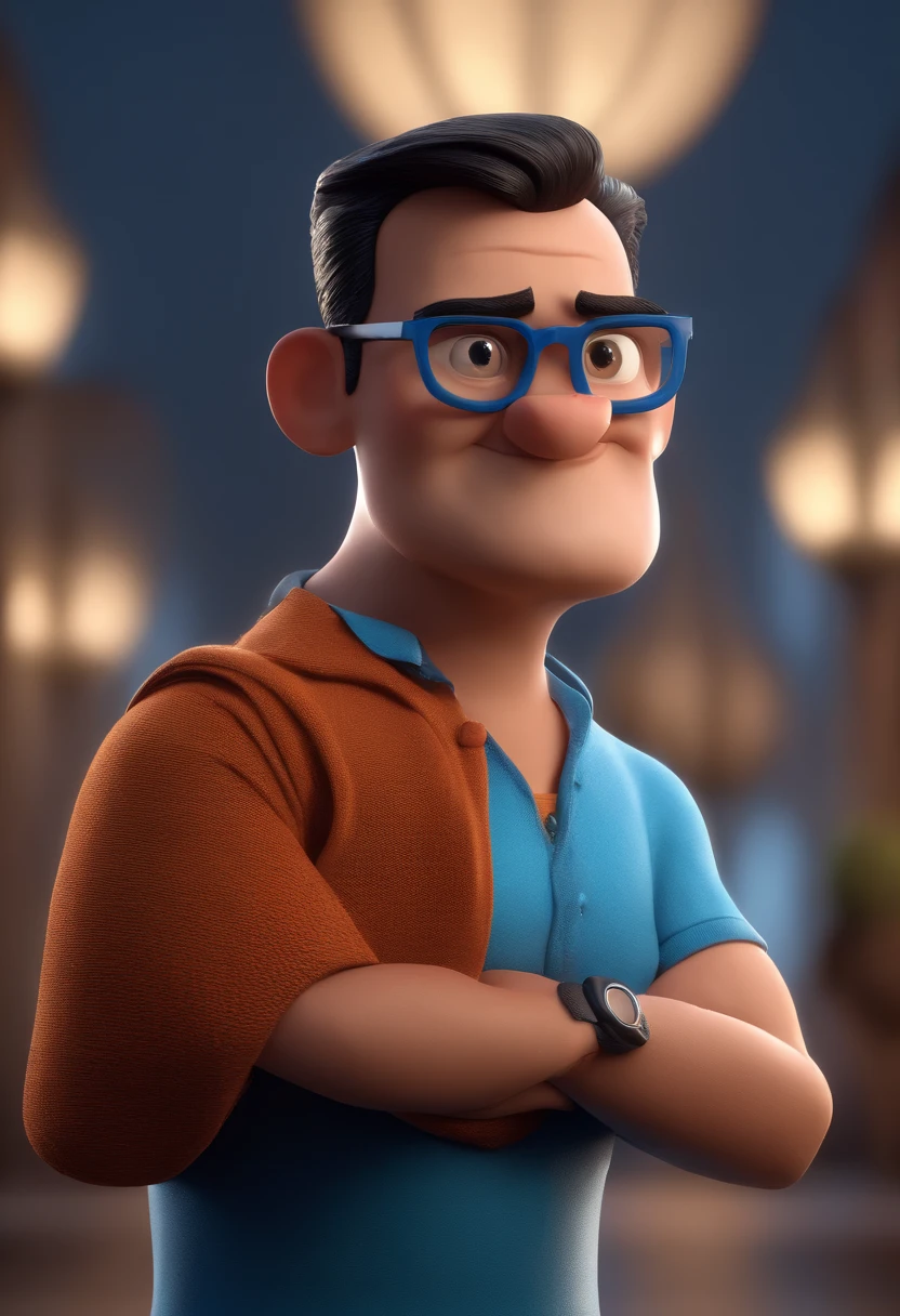 Cartoon character of a man with black glasses and a blue shirt, animation character, Caractere estilizado, animation style rendering, 3D estilizado, Arnold Maya render, 3 d render stylized, toon render keyshot, Personagem 3D, Personagem 3D, 3d rendering stylized, 3 d character render, personagem de desenho animado, Personagem de close up, Pose de personagem, (Estilo Pixar) (master part:1.2) (Bokeh) (best quality) (pele detalhada) (textura detalhada) (8k) (argila) (Cinematic lighting) (foco nítido
