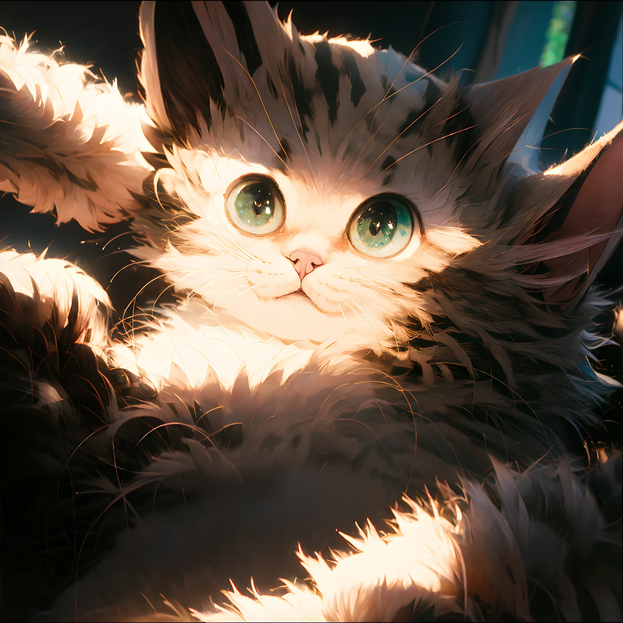 On a sunny afternoon，I sat on the couch，The mood is decadent，dysphoria。sudden，My little kitten at home has shining green eyes，Lightness came into my sight。It rubbed its soft fur against my hand，As if to tell me，Everything will be fine。
