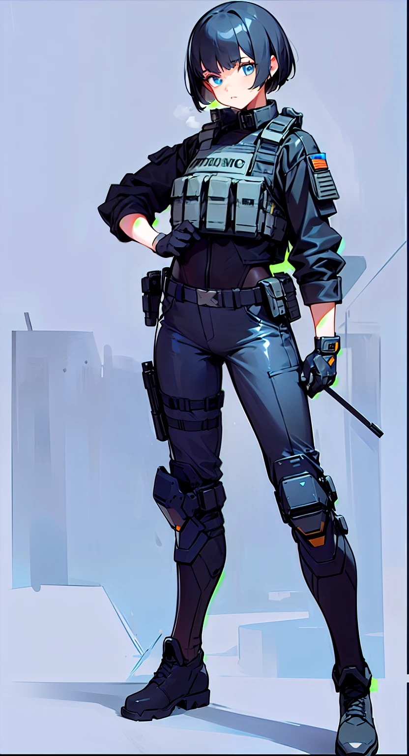 A girl, Military Special Forces, Black Short Haircut, Glow Blue Eyes, black leather jacket, Bulletproof vest over jacket, Special Forces Military Pants, tucked into boots, stand-up collar, Futuristic, Knee pads, in full height, the pose: standing, Concept art, gray background, Half-turn