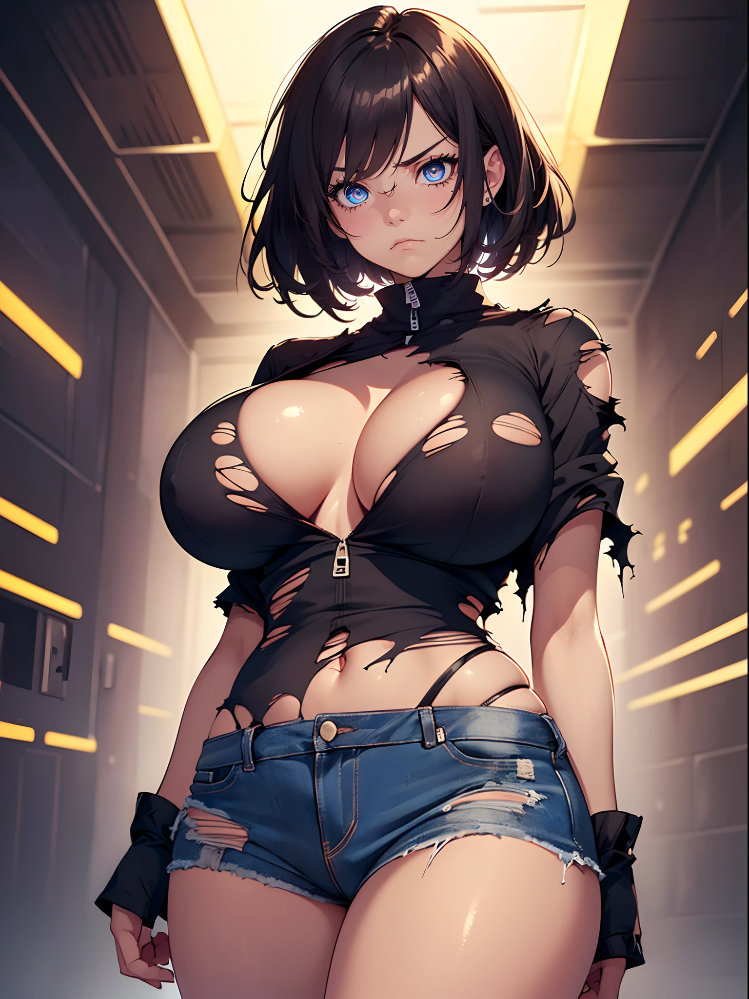 ((1 girl))、((elaborate eyes:1.3))、((troubled face:1.3))、((huge breasts:1.3))、((draw the whole body))、((torn clothes:1.5))、((looking down)) 、from below、lowered eyebrows、curvy、glossy、masterpiece、best quality、high resolution、digital illustration、dramatic lighting、rave background、neon glow