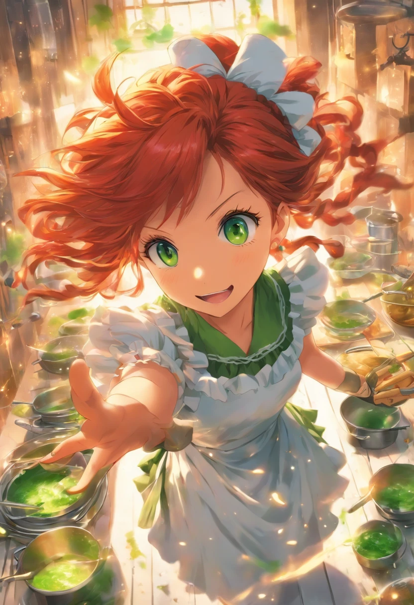 best quality, master part, sozinho, 1st grade, sorrir,red hair, maid, maid apron, cocar de empregada, olhos verdes,