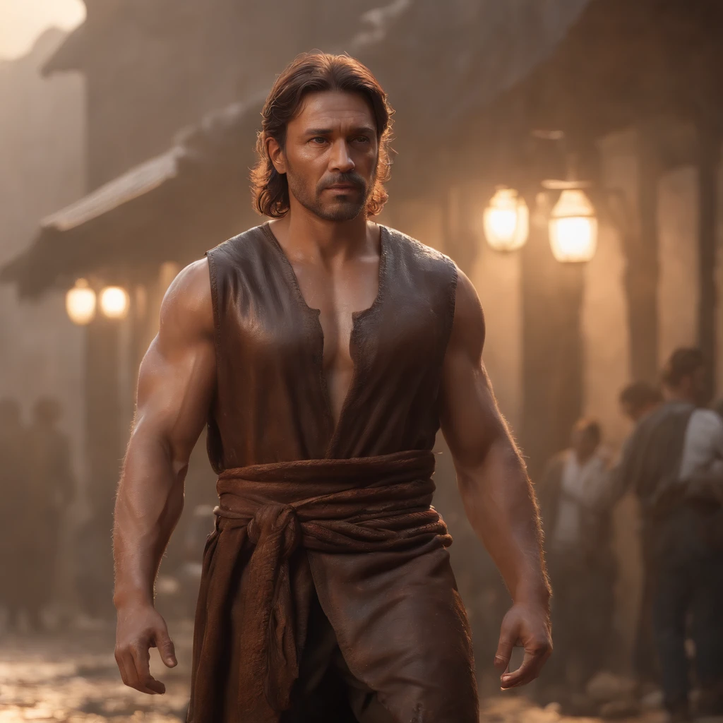 (Professional 3D rendering:1.3) In the (Realistic:1.3) As mais belas fotos de arte do mundo，Features soft, bright male heroes, ((Epic Hero Fantasy Muscle ManRough Wet Hero Angry Long Hair Short Beard and Fierce Expression in Dynamic Pose, fantastic location, majestoso ambiente desordenado)), Full Body 8k Unity Rendering, action shot, poros da pele, very dark lighting, sombreamento pesado, circunstanciado, Rosto detalhado, (vibrante, fotos realistas, Realistic, Dramatic, Escuro, foco nítido, 8k), (Old leather clothes damaged by bad weather:1.4), ((((Use peles)))), (Complicado:1.4), decadente, (altamente detalhado:1.4), pintura digital, rendering by octane, art stations, Conceito-Arte, liso, foco nítido, illustration, germe da arte, (Roisch:0.23), Vlop Ilya Kuvshinov, Gregg Rutkowski e Alphonse Mucha Gracias, (global ilumination, studio lights, Light Volumetric), chuva forte, floating particles, patife, fantasia, Onze, Esbian de corpo inteiro, ((Fundo escuro da cidade antiga:1.3)),CG Sessa,art stations