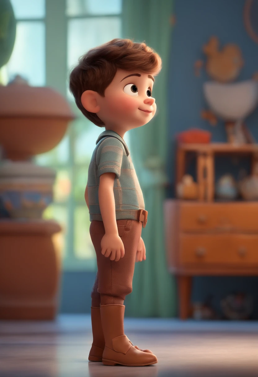 Image of a boy in gray shirt and gray pants ,for a story in a YouTube video in Pixar format, He's the  allabester, He's the class leader, He's outgoing, Playful and gets up for a lot of things