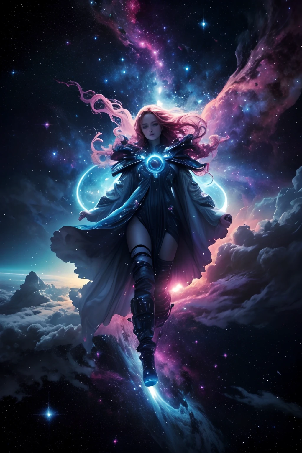 (Solo) An emergency scene of the incredibly spectacular cloud character Sophie Turner in the cosmic clouds, Fractal Nebula Chain, cosmic, Celestial, cosmic, A vibrant and vivid entity, whirly, Spinning, unreal, High contrast, Symbolism, magical, mistic, mistic, Hyper-realistic, Supersaturation, Colorful, 8K