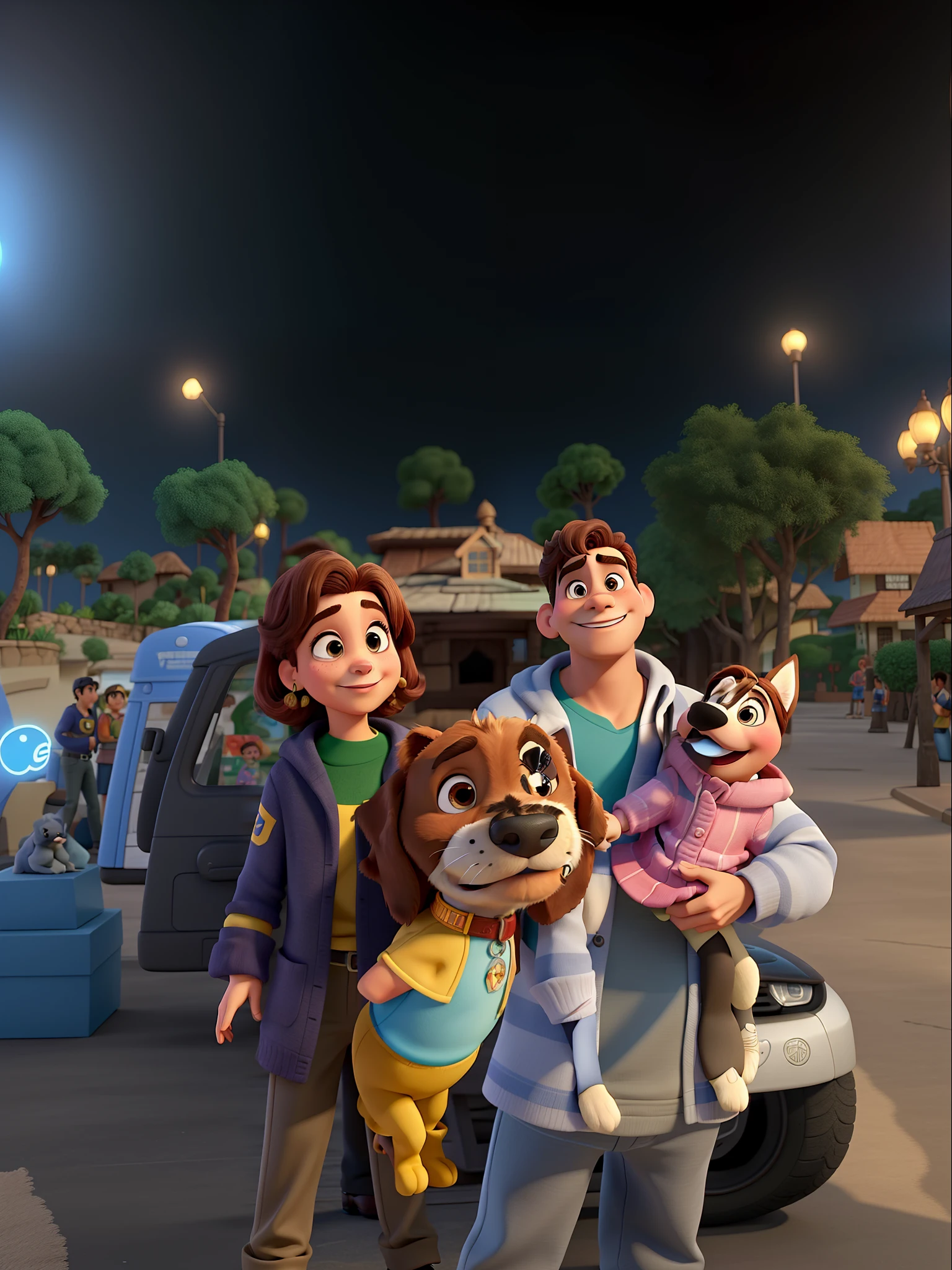 Um homem, uma mulher e dois cachorro no estilo Disney pixar, alta qualidade, melhor qualidade