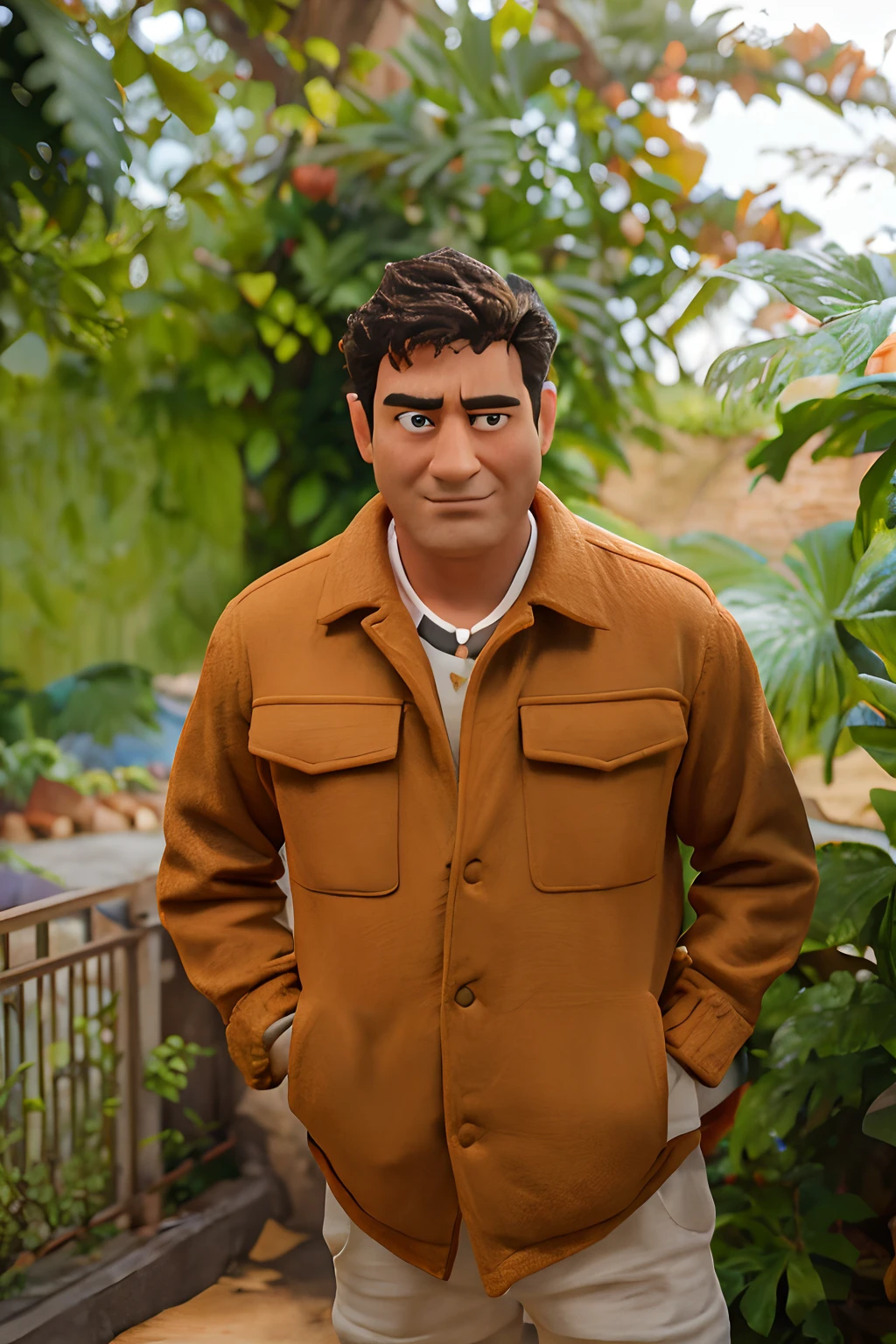 personagem dos desenhos animados de um homem de pele clara, cabelos curtos e cacheados, usando uma jaqueta azul, camisa branca, black pant, white sneakers, paisagem arborizada, com carros, um personagem animado, Caractere estilizado, animation style rendering, 3D estilizado, Arnold Maya render, 3 d render stylized, toon render keyshot, Personagem 3D, Personagem 3D, 3d rendering stylized, 3 d character render, personagem de desenho animado, Personagem de close up, Pose de personagem, (Estilo Pixar) (master part:1.2) (Bokeh) (best quality) (pele detalhada) (textura detalhada) (8k) (argila) (Cinematic lighting) (foco nítido,Senta e vaza a parte superior do corpo