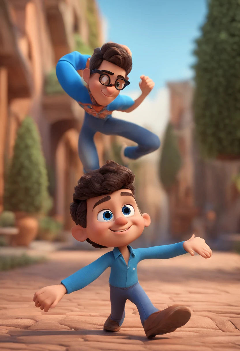Cartoon character of a man wearing black glasses and a blue shirt, um personagem animado, Caractere estilizado, animation style rendering, 3D estilizado, Arnold Maya render, 3 d render stylized, toon render keyshot, Personagem 3D, Personagem 3D, 3d rendering stylized, 3 d character render, personagem de desenho animado, Personagem de close up, Pose de personagem, (Estilo Pixar) (master part:1.2) (Bokeh) (best quality) (pele detalhada) (textura detalhada) (8k) (argila) (Cinematic lighting) (foco nítido,Senta e vaza a parte superior do corpo