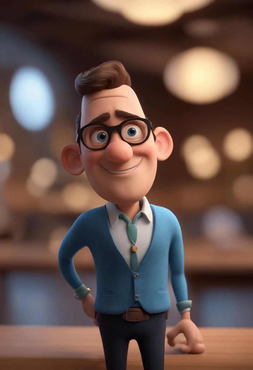 Cartoon character of a man with black glasses and a blue shirt, animation character, Caractere estilizado, animation style rendering, 3D estilizado, Arnold Maya render, 3 d render stylized, toon render keyshot, Personagem 3D, Personagem 3D, 3d rendering stylized, 3 d character render, personagem de desenho animado, Personagem de close up, Pose de personagem, (Estilo Pixar) (master part:1.2) (Bokeh) (best quality) (pele detalhada) (textura detalhada) (8k) (argila) (Cinematic lighting) (foco nítido