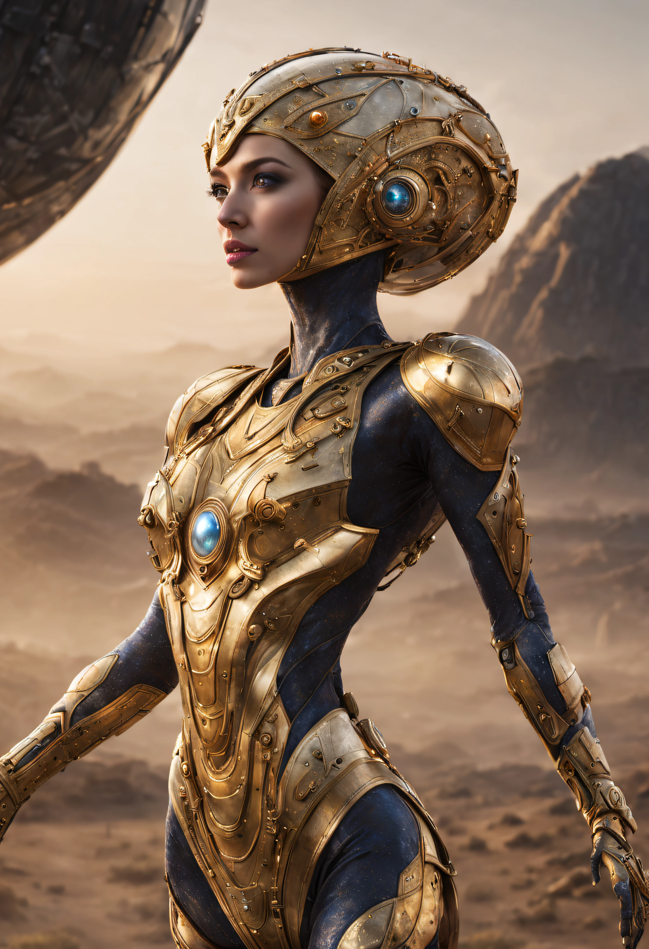 mujer alienigena extraterrestre, considerada como una de las razas mas bellas de la galaxia, con una cara, ojos y labios sensuales, con vestido de noche , con incrustaciones de oro, piedras preciosas y diamantes, se encuentra en centro de control de estacion espacial. hiperrealista, imagen nitida, 8k. imagen cinematografica.