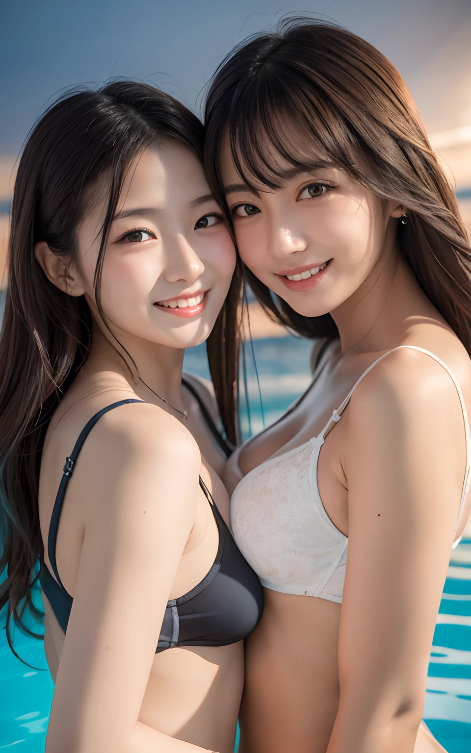 photorealistic, close up, From below, top quality, masterpiece, 16 K, High resolution, close up, 2 girls in, blush, beautiful hair of light brown color, beautiful brown eyes, swim wears, plump breasts, Japanese idol, Smile, Sunset Classroom, They are hugging each other,