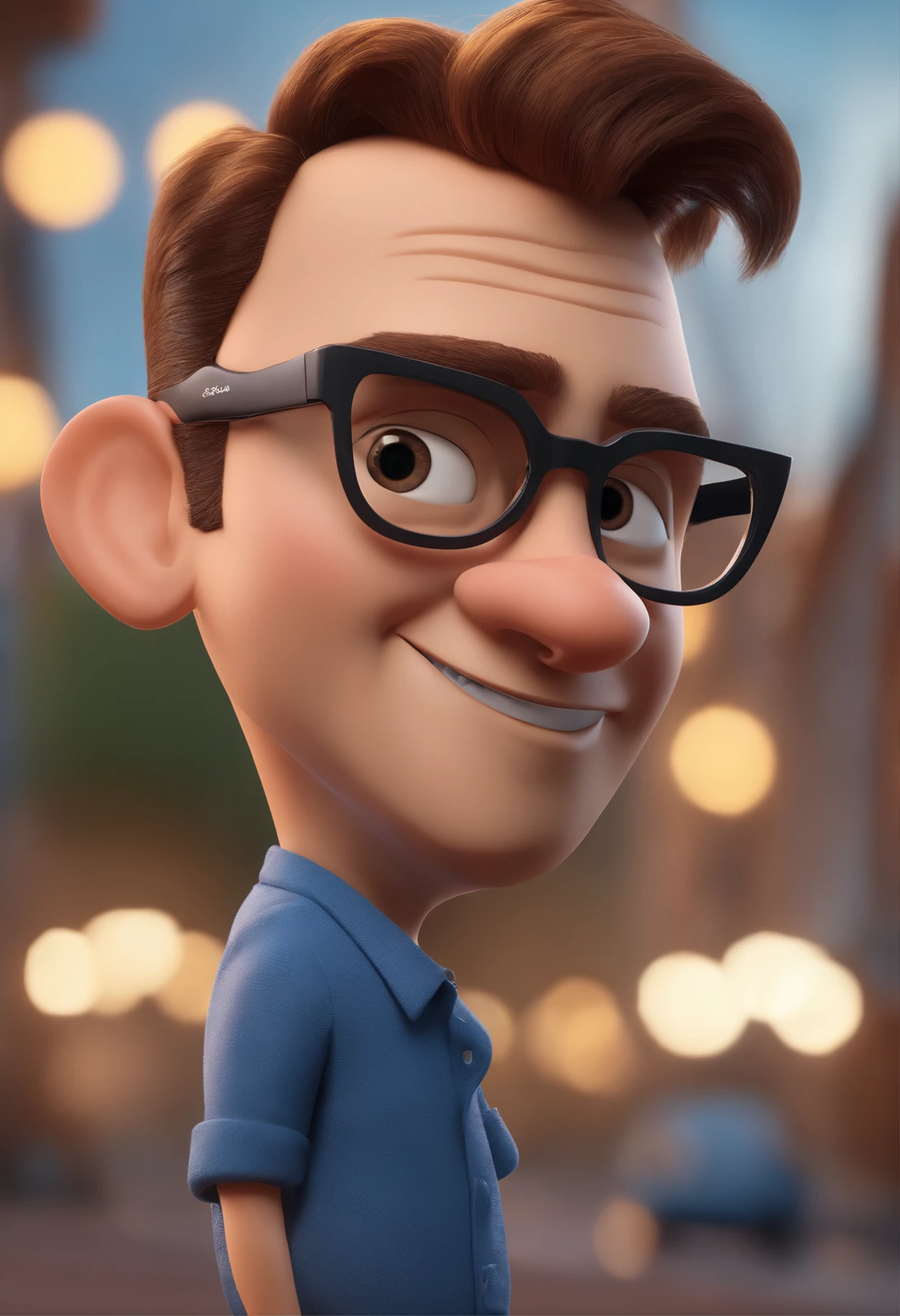 Cartoon character of a man with black glasses and a blue shirt, animation character, Caractere estilizado, animation style rendering, 3D estilizado, Arnold Maya render, 3 d render stylized, toon render keyshot, Personagem 3D, Personagem 3D, 3d rendering stylized, 3 d character render, personagem de desenho animado, Personagem de close up, Pose de personagem, (Estilo Pixar) (master part:1.2) (Bokeh) (best quality) (pele detalhada) (textura detalhada) (8k) (argila) (Cinematic lighting) (foco nítido