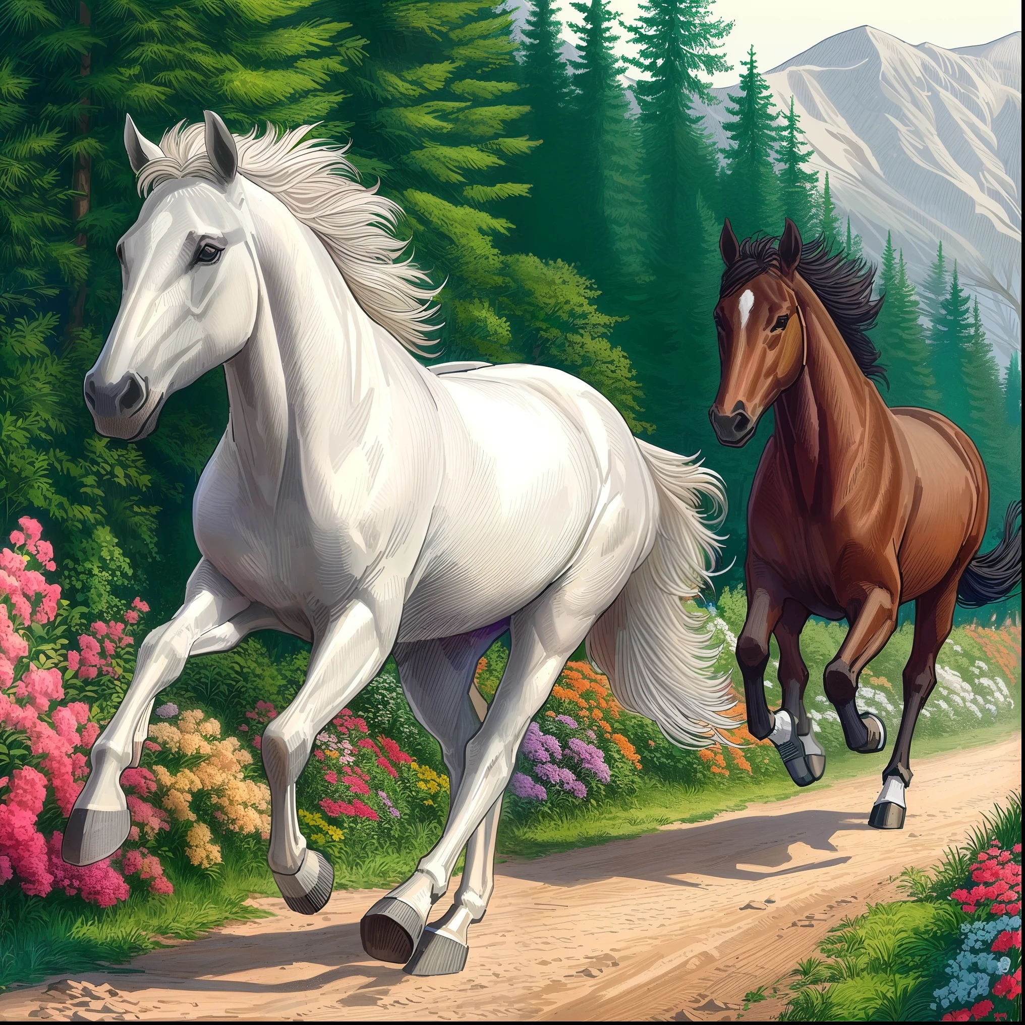 horses running on a dirt road in a forest with flowers, galloping through the forest, horses in run, majestic horses, horses, galloping, inspired by John Frederick Herring, Sr., by Igor Grabar, inspired by John Frederick Herring, Jr., horse is running, horses racing, animals running along, at full stride, by Howard Lyon, horse race