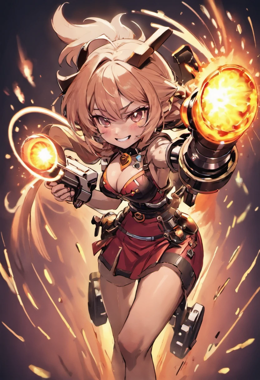Cow girl、a smile、Shoot a large Gatling gun at the front