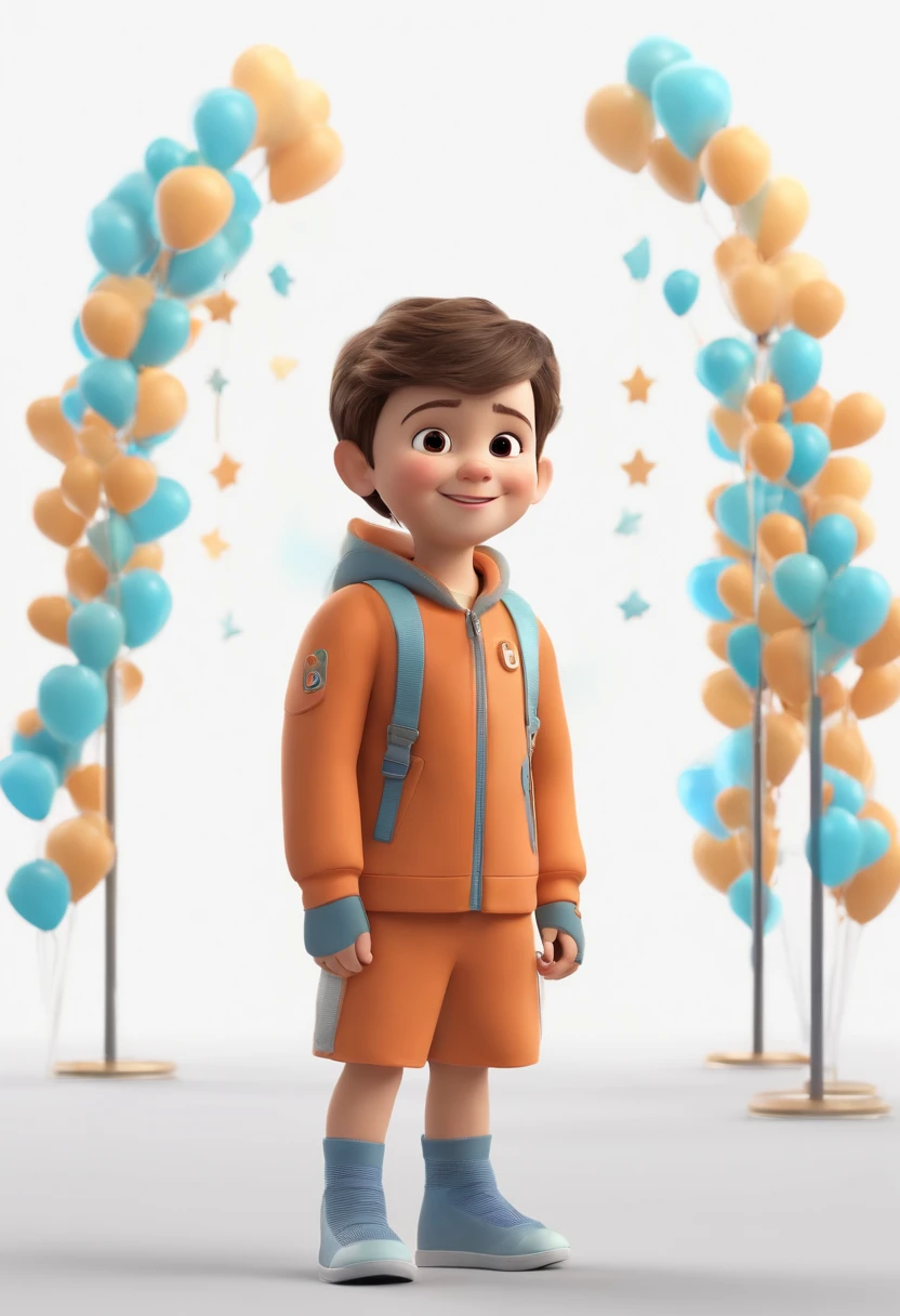 a happy cute kid standing short hair, vestindo uma fantasia espacial, , fundo branco, barnet, Tom, Estilo Pixar, ....3d, desenhos animados, rosto detalhado, asymmetrical 16k