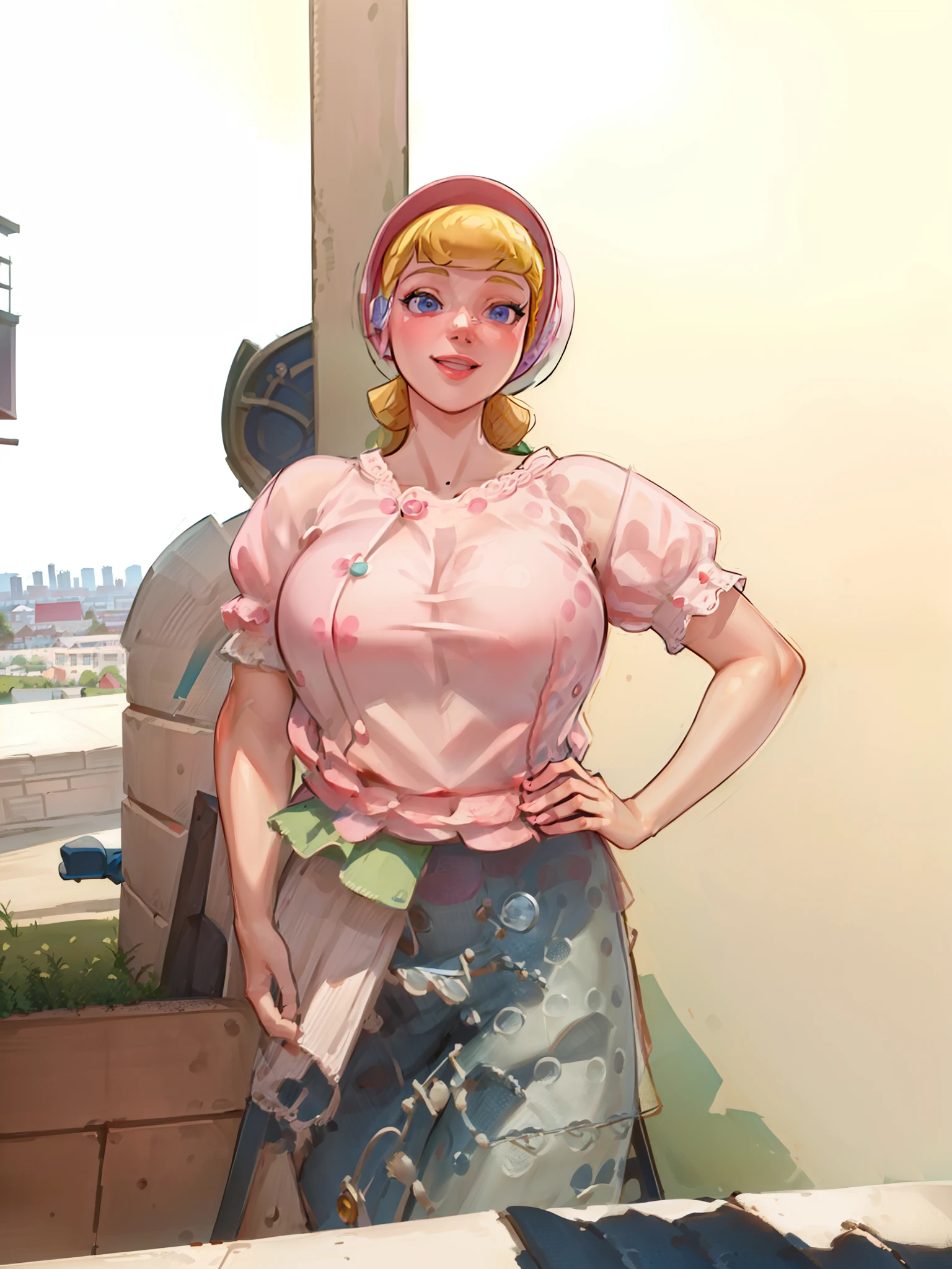 (BoPeepWaifu:1), smile, cute, cute pose, looking at viewer, thick thighs, :D, (dress, puffy short sleeves, pink headwear:1.2),
(realistic:1.2), (realism), (masterpiece:1.2), (best quality), (ultra detailed), (8k, 4k, intricate),(full-body-shot:1),(Cowboy-shot:1.2), (85mm),light particles, lighting, (highly detailed:1.2),(detailed face:1.2), (gradients), sfw, colorful,(detailed eyes:1.2),
(detailed ladscape, urban, garden, city, plants, buildings:1.2),(detailed background),detailed landscape, (dynamic angle:1.2), (dynamic pose:1.2), (rule of third_composition:1.3), (Line of action:1.2), wide shot, daylight, solo,