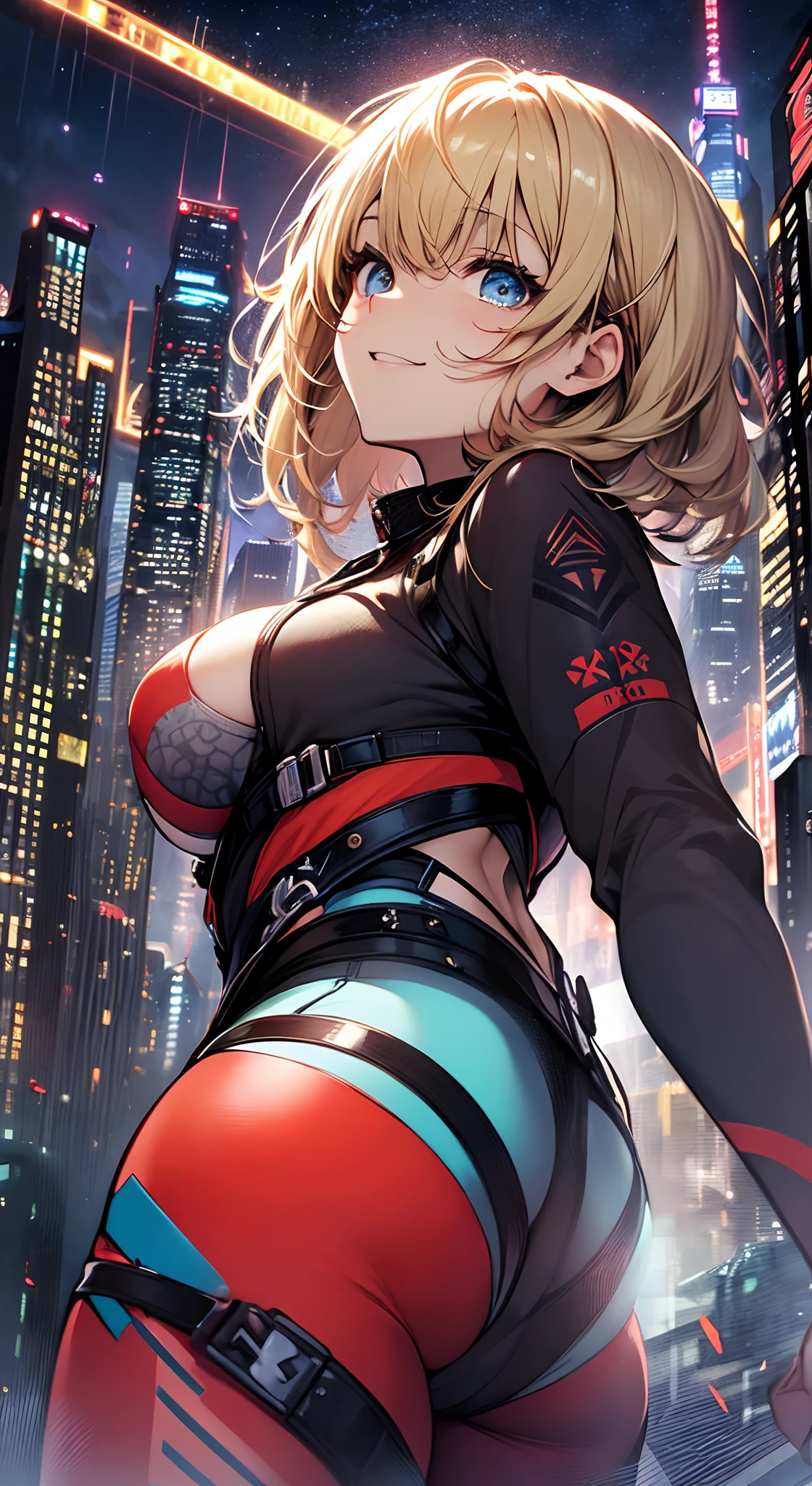 top-quality、Top image quality、in 8K,4K,​masterpiece、、ultra-detailliert、Beautiful、ultra-quality、adult-like、Cool、girl with(((18year old、Red Rubber Suit 1:3、Colossal tits、a blond、straight haired、Blue eyes、flank、erotick:1.4、Happiness、The tattoo)))、from below looking up、dynamic movements:1.3、hiquality、visualart、Background with((nightcity:1.2))、masutepiece