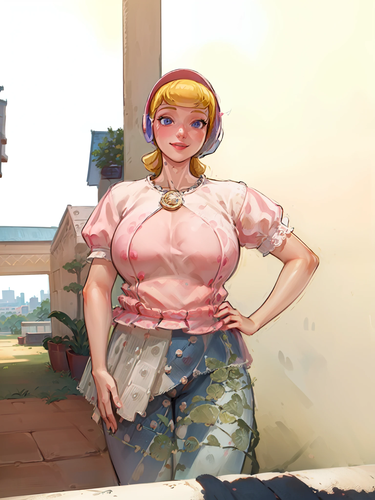 (BoPeepWaifu:1), smile, cute, cute pose, looking at viewer, thick thighs, :D, (dress, puffy short sleeves, pink headwear:1.2), 
(realistic:1.2), (realism), (masterpiece:1.2), (best quality), (ultra detailed), (8k, 4k, intricate),(full-body-shot:1),(Cowboy-shot:1.2), (85mm),light particles, lighting, (highly detailed:1.2),(detailed face:1.2), (gradients), sfw, colorful,(detailed eyes:1.2),
(detailed ladscape, urban, garden, city, plants, buildings:1.2),(detailed background),detailed landscape, (dynamic angle:1.2), (dynamic pose:1.2), (rule of third_composition:1.3), (Line of action:1.2), wide shot, daylight, solo,