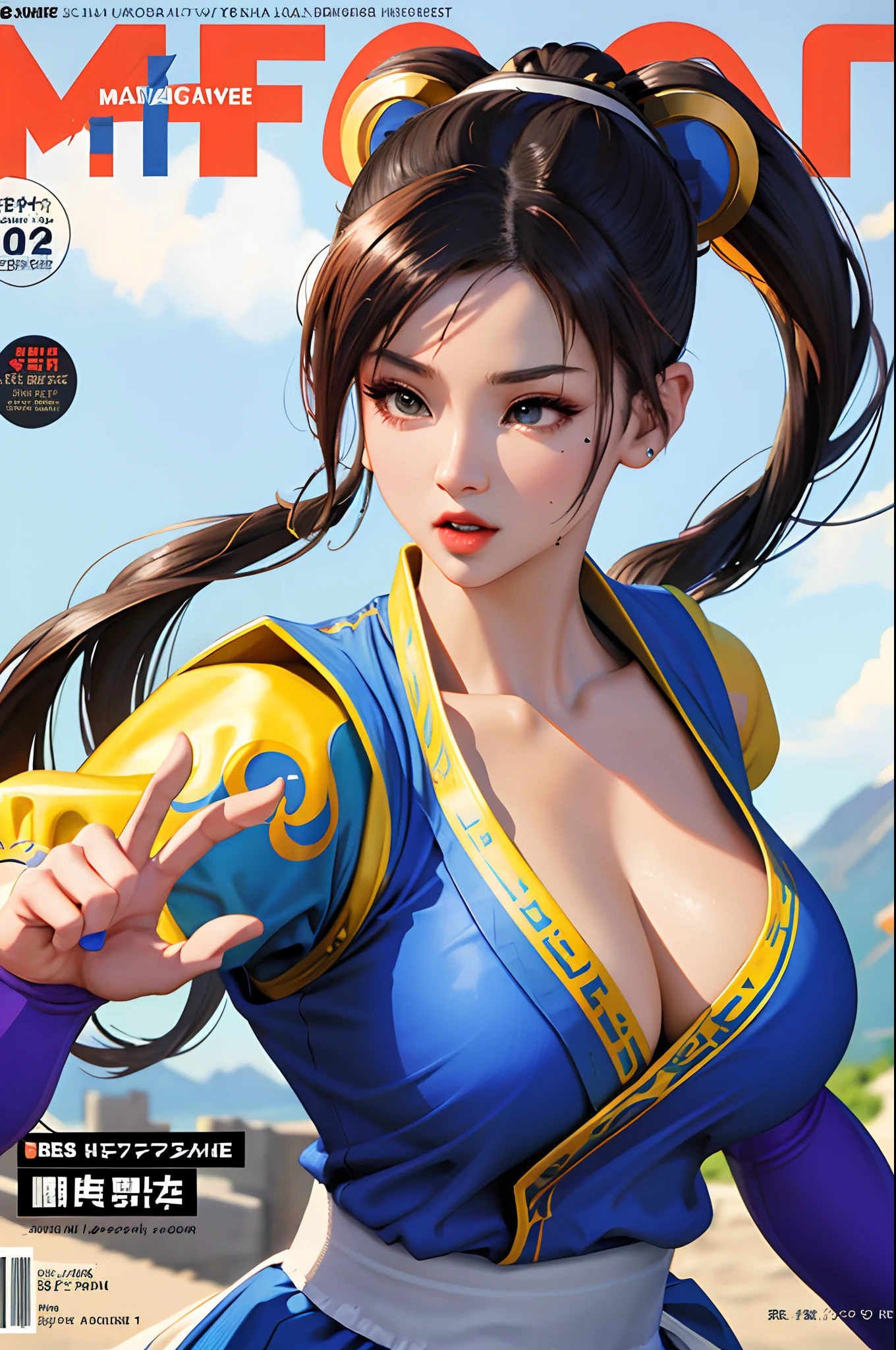 ((magazine cover)) masterpiece, best quality, spring outfit, colorful hair, outdoor, magazine cover ,upper body, ((Chun-li)) Chun-li of street fighter. good hands, big breast,