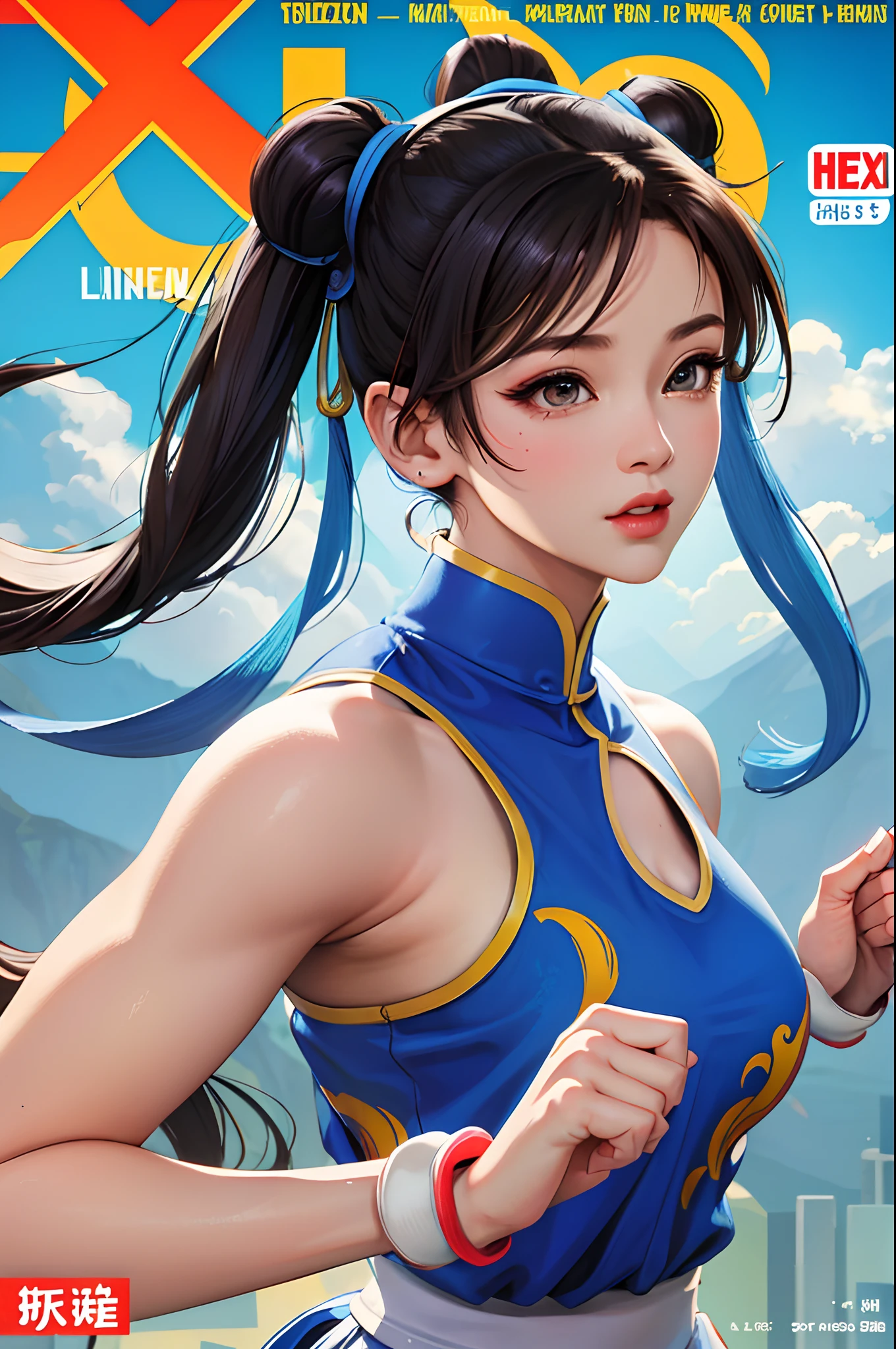 ((magazine cover)) masterpiece, best quality, spring outfit, colorful hair, outdoor, magazine cover ,upper body, ((Chun-li)) Chun-li of street fighter. good hands, big breast,