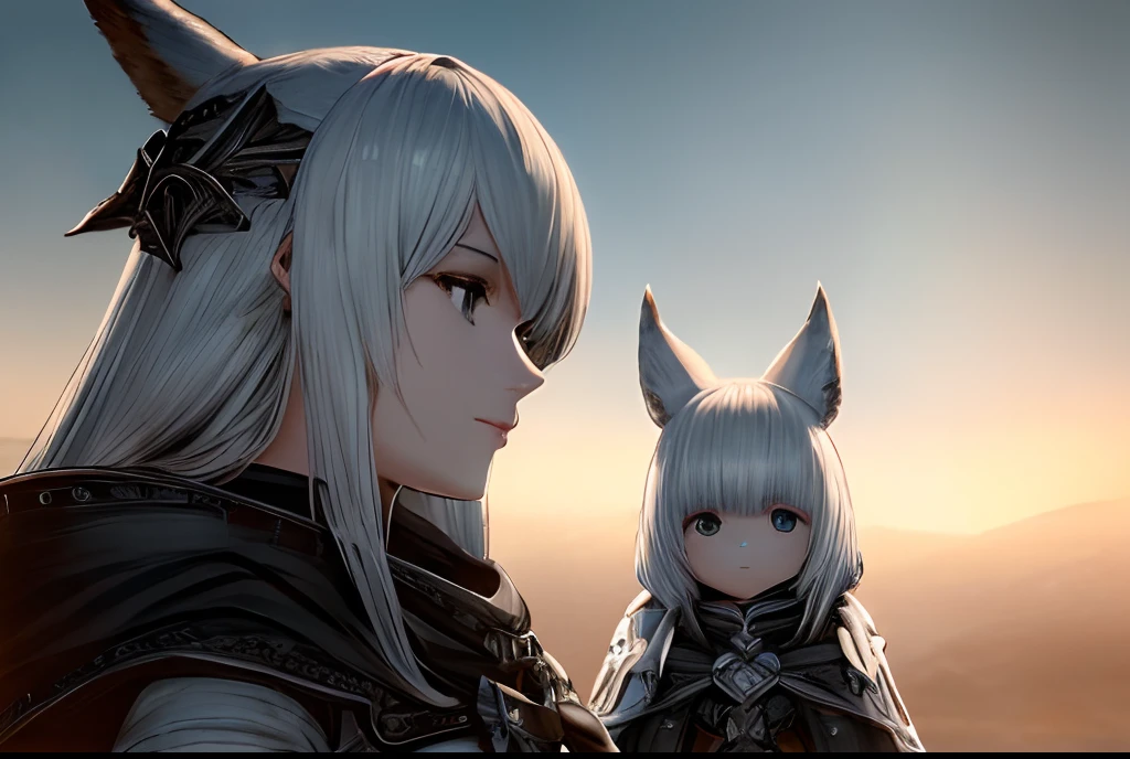 Girl in black costume with white cat head. She wears Final Fantasy XIV-style moon-inspired clothing. The girl has white hair,、It's a character from Lalafell. Moved to PXIV、wearing imperial gear. The setting is a desolate plain, And she wears a cloak. The girl is relaxed and、Has white hair. Wearing black shiny armor and light black armor. The costumes are、It is a fantasy costume with a fered-themed robe and hat. She smiled、I'm looking straight into the camera. (Best Quality, 4K, 8K, hight resolution, masutepiece:1.2), Ultra-detailed, (Realistic, Photorealistic, Photorealsitic:1.37), nffsw, nffsw, Studio Lighting, Ultra-fine painting, Sharp Focus, Physically-based rendering, extreme detail description, Professional, Vivid colors, Bokeh Art Style: Portraits, Concept Artist Color and Tone: Dark and mysterious lighting: Moonlight casts a soft light on the plains