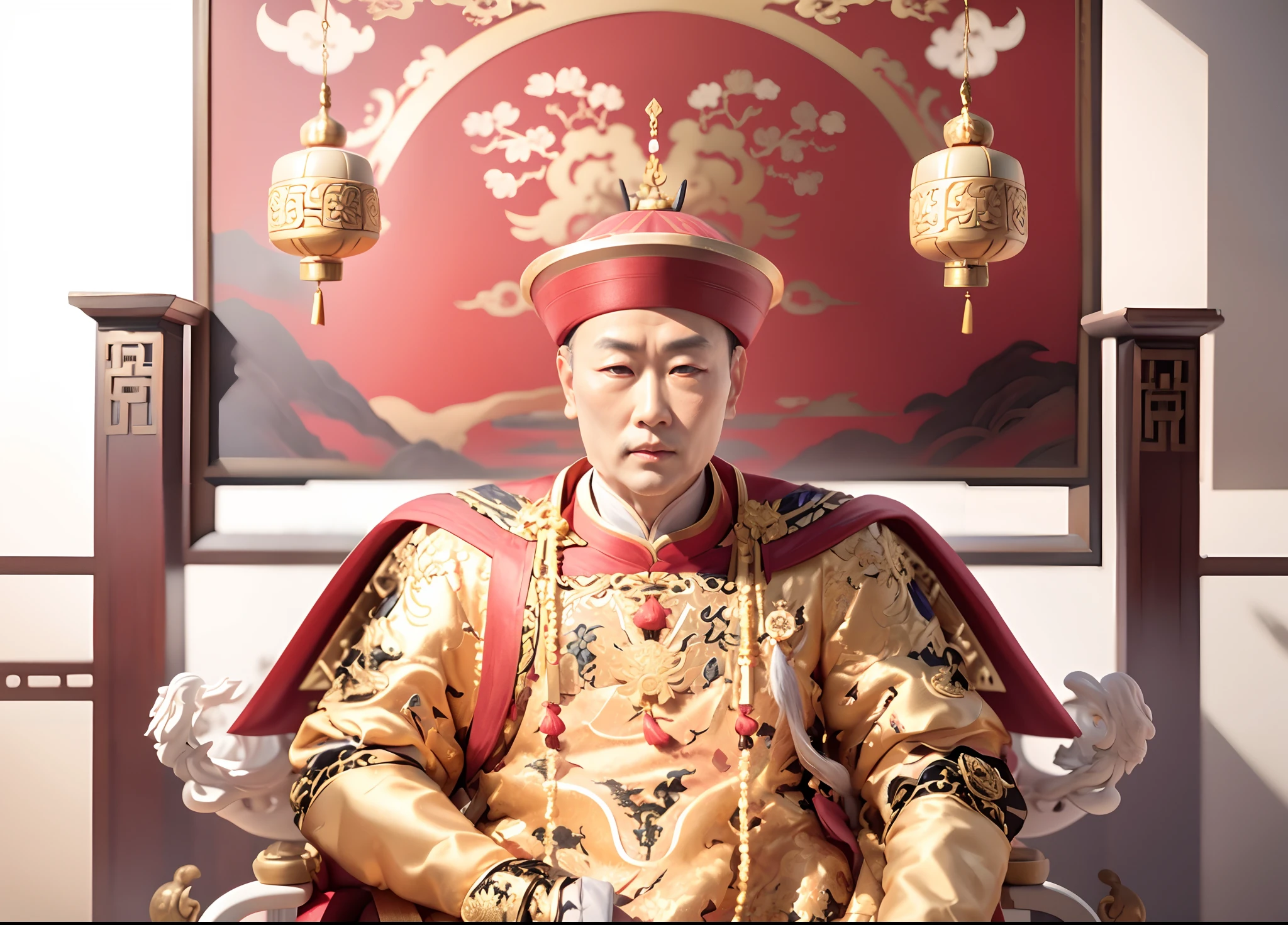 One of them was wearing a yellow robe，（((Red and black hats))），The image of the emperor,It is recommended to wear it with a white jade necklace， sitting on a dragon chair，imperial portrait, Qing dynasty, royal emperor, painting of a man, qing dynasty painting, portrait of emperor of mankind, UE4 engine，PBR material,Canon 85mm lens,Yongzheng Emperor，((Elaborate Eyes))，{{{A detailed eye}}}。0