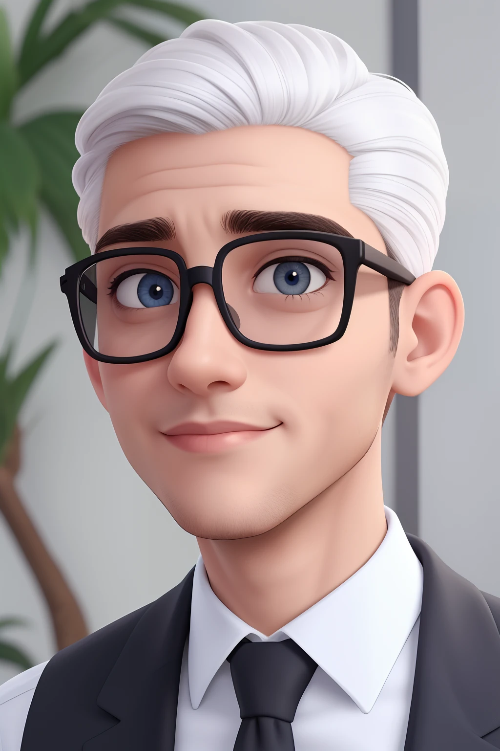 Um homem de 30 anos, com cabelos castanhos curtos,face de diamante, olhar rigoroso, e olhos castanhos, Wearing white white shirt with tie and glasses.